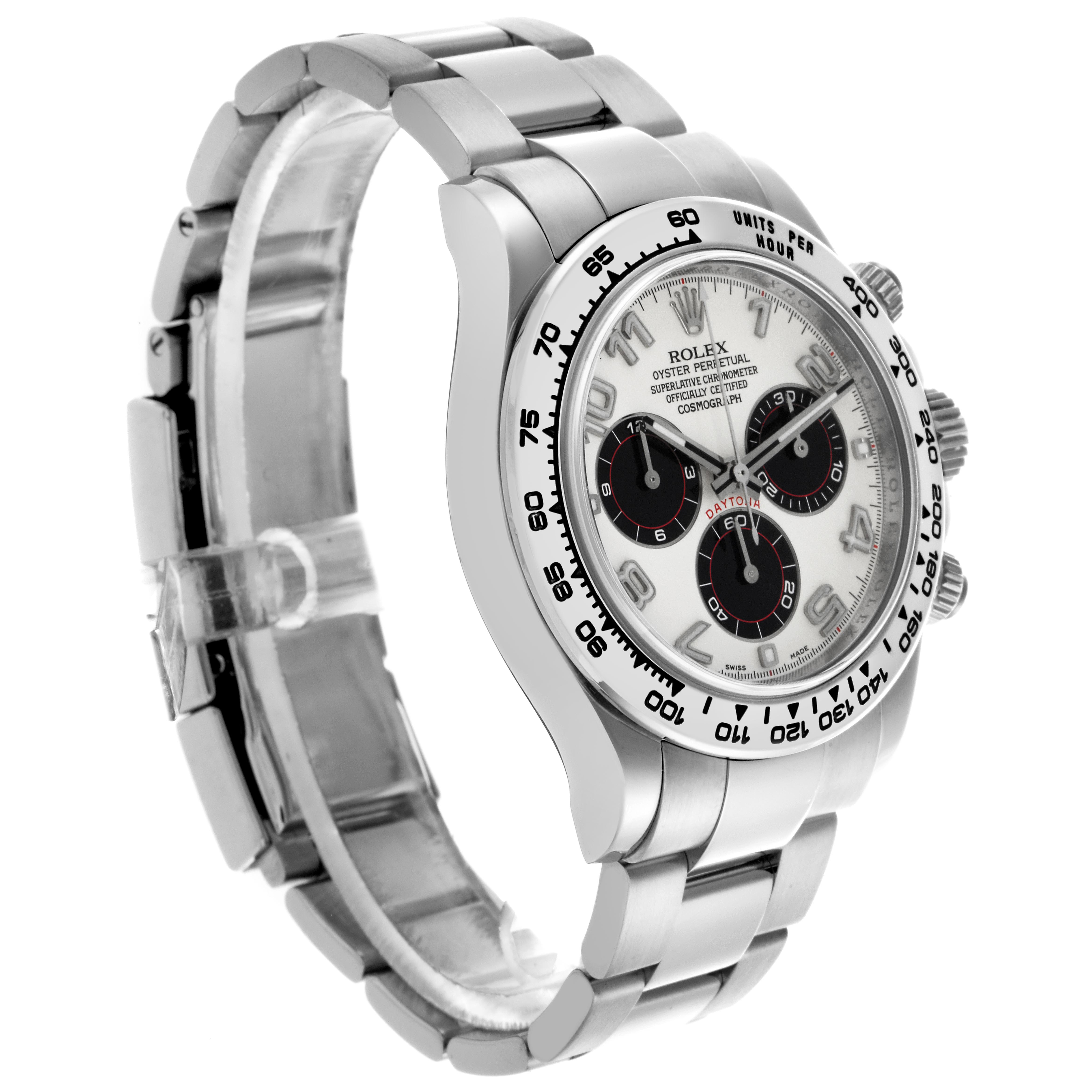 The Rolex Daytona 116509 Men's White Gold Silver Dial 116509 Men's White Gold Silver Dial watch is shown at a slightly left-side angle, displaying its dial, bezel, crown, and part of the bracelet.