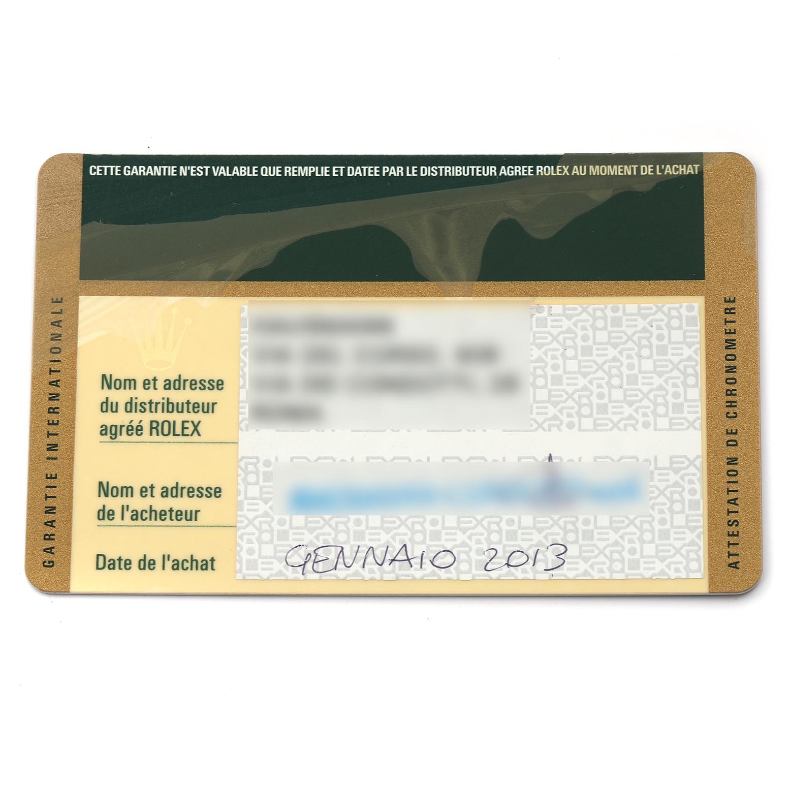 This image shows a warranty card for the Daytona model by Rolex, detailing distributor and purchase information.