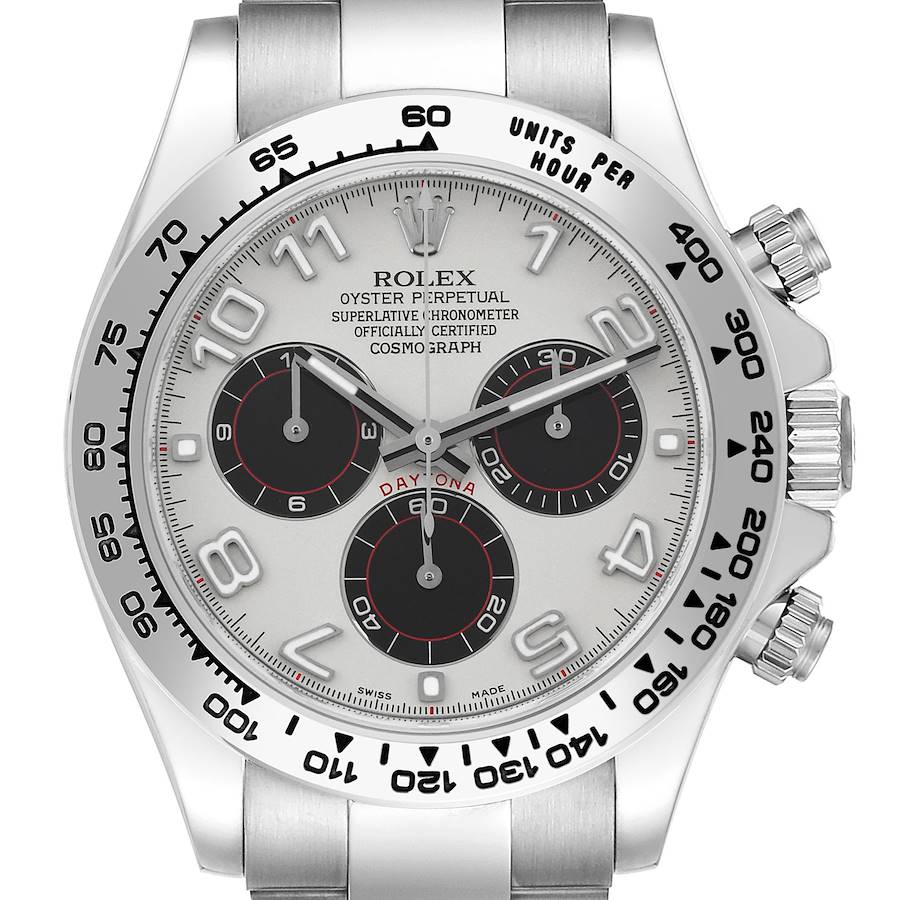 The image shows a frontal view of the Rolex Daytona watch, highlighting its dial, bezel, and pushers.