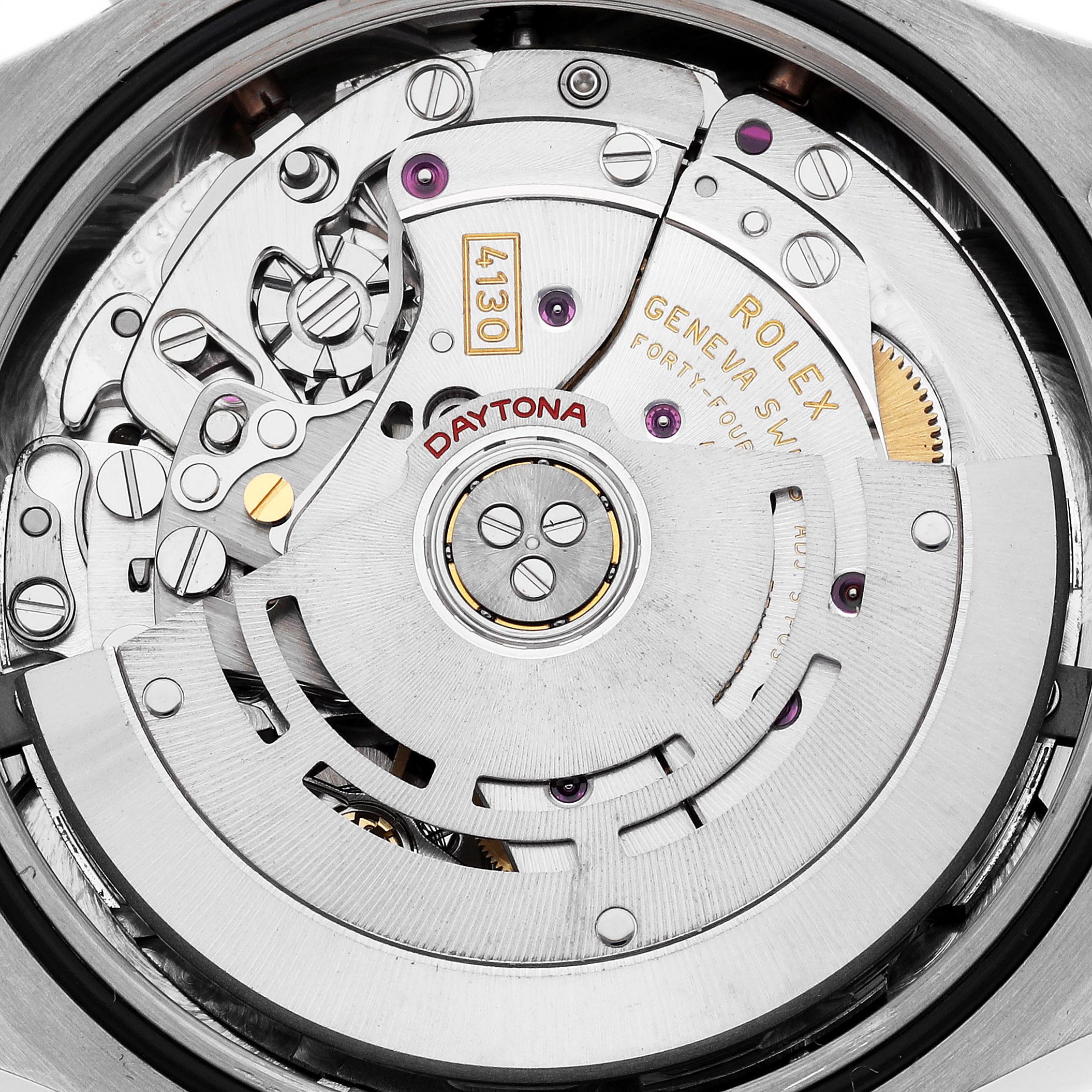 This image shows the movement of a Rolex Daytona 116509 Men's White Gold Silver Dial 116509 Men's White Gold Silver Dial, highlighting the intricate internal mechanisms and components from a rear angle.