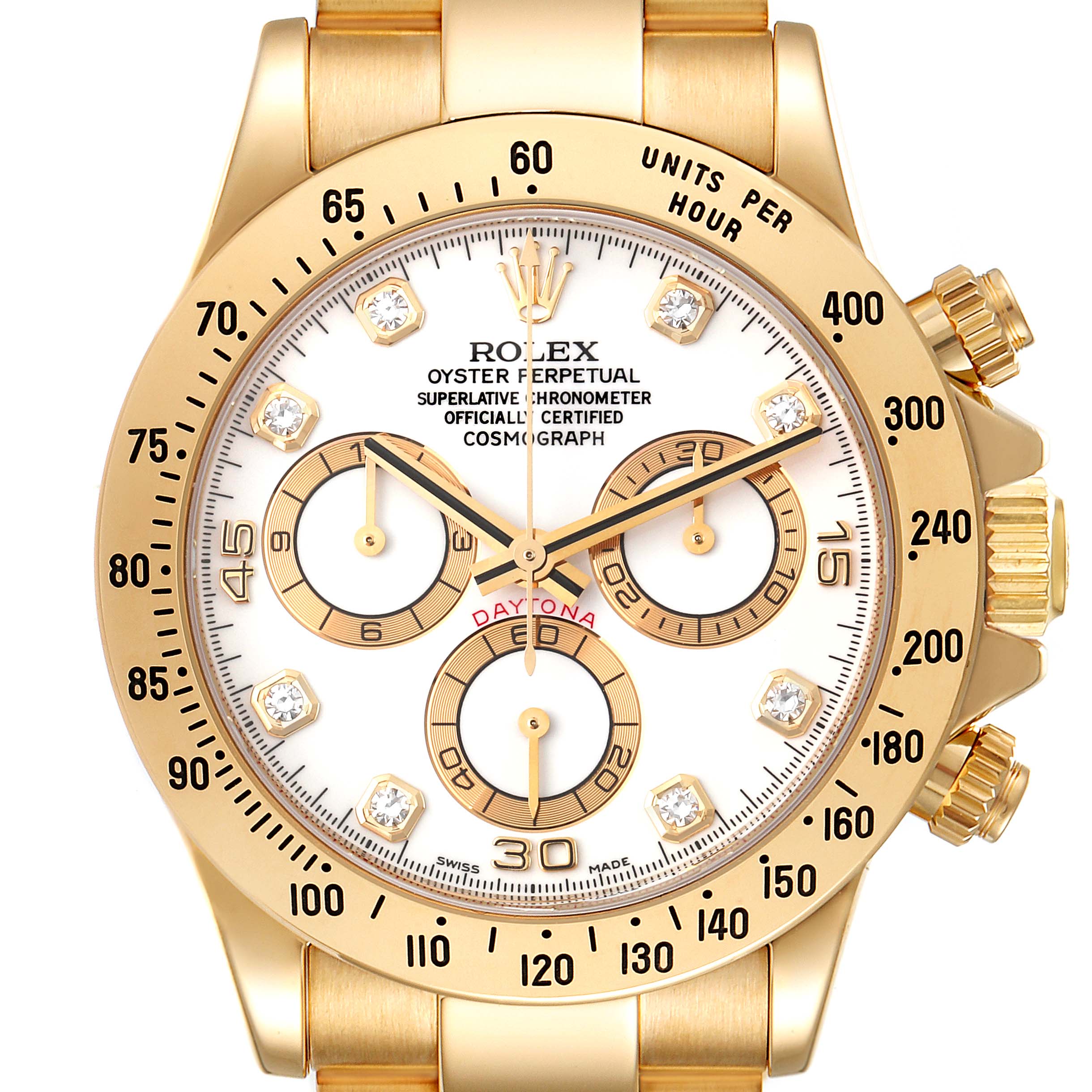 This image shows a close-up, front view of the Rolex Daytona 116528 Men's Yellow Gold White Dial 116528 Men's Yellow Gold White Dial watch face and bezel with its detailed chronograph functions.