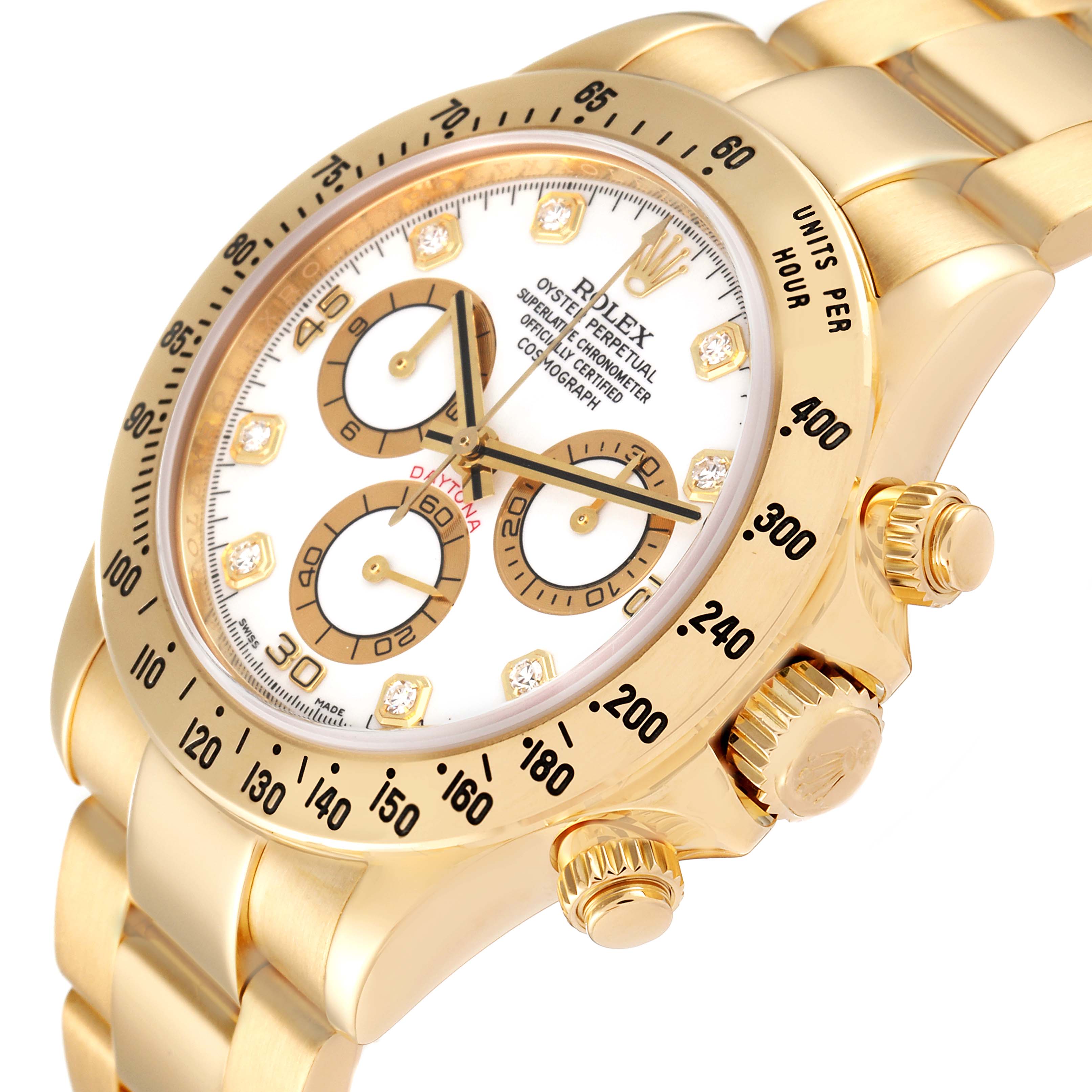 The image shows a close-up angle of a Rolex Daytona 116528 Men's Yellow Gold White Dial 116528 Men's Yellow Gold White Dial watch, highlighting the dial, chronograph sub-dials, and part of the bracelet.