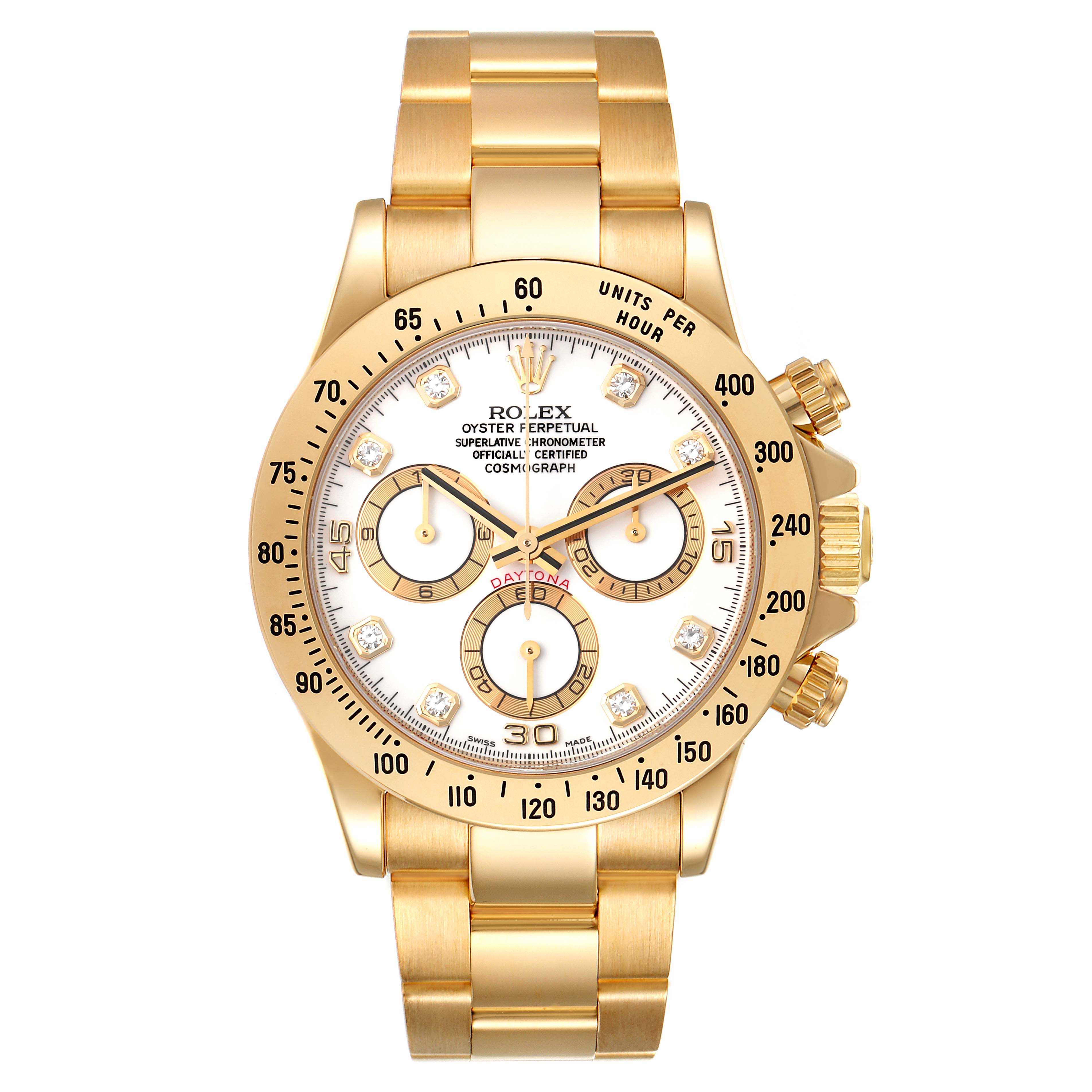 The image shows a frontal view of the Rolex Daytona 116528 Men's Yellow Gold White Dial 116528 Men's Yellow Gold White Dial watch, highlighting its gold bracelet and dial with three subdials.