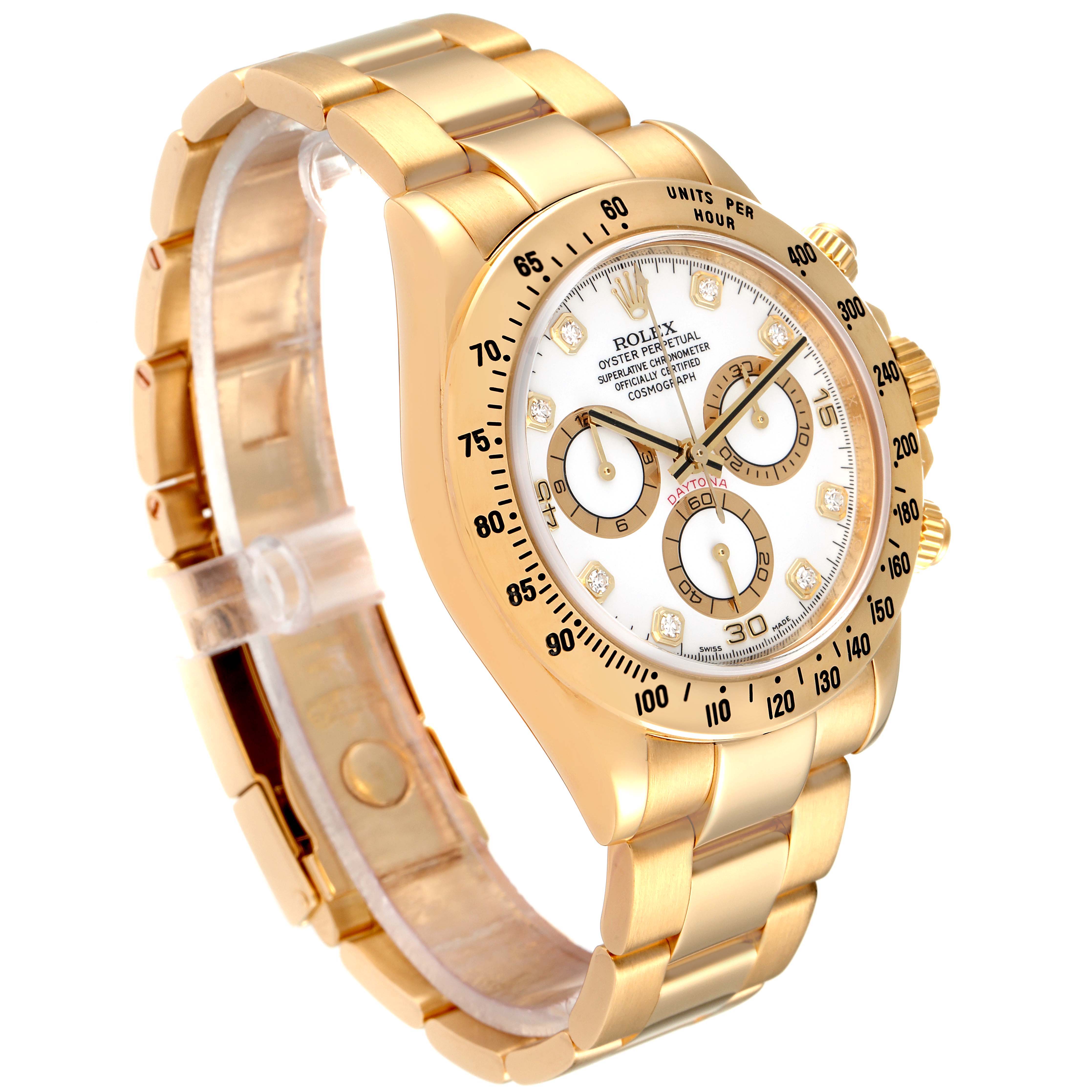 The image shows a Rolex Daytona 116528 Men's Yellow Gold White Dial 116528 Men's Yellow Gold White Dial watch at an angled view, displaying its gold bracelet, white dial, and three sub-dials.