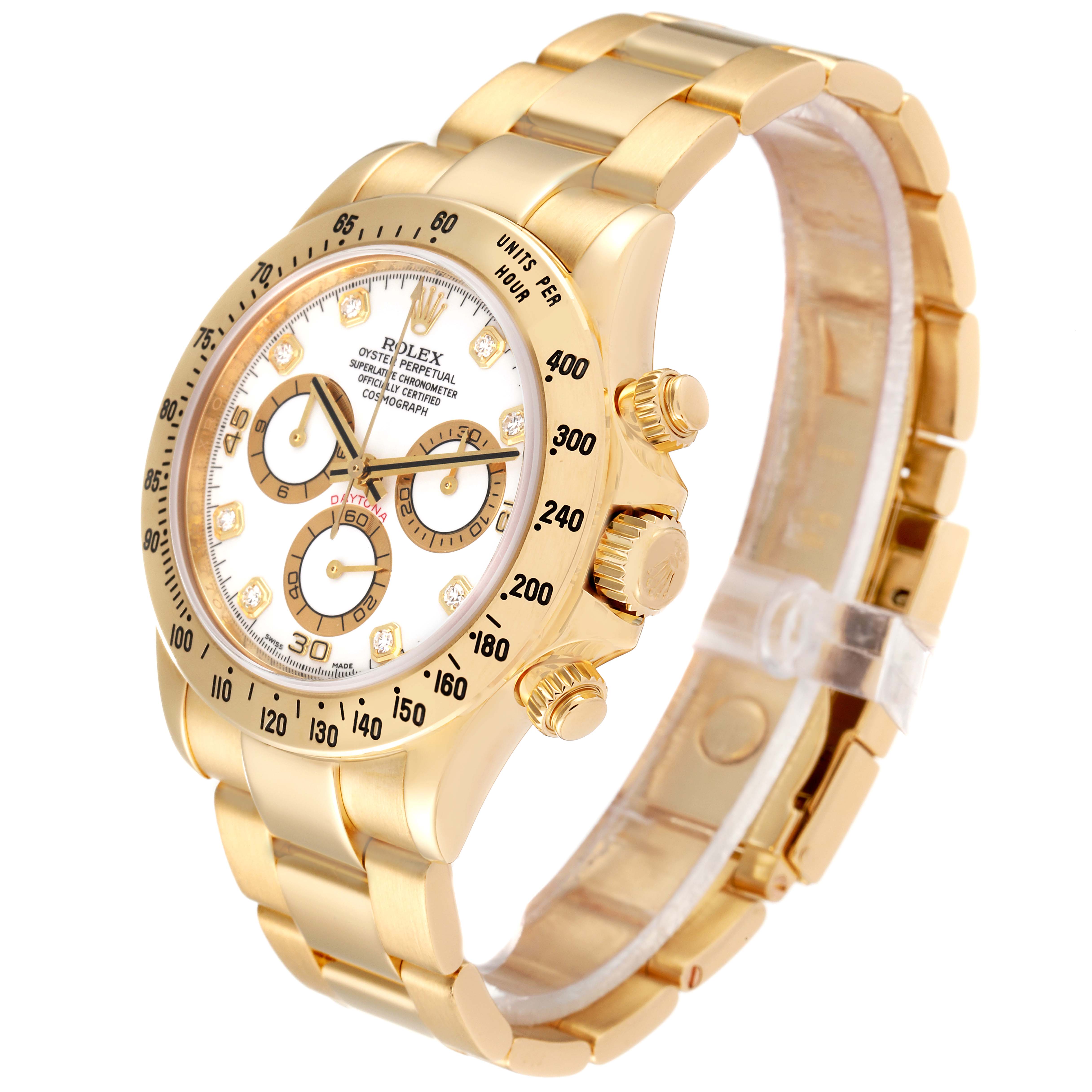 The image shows a Rolex Daytona 116528 Men's Yellow Gold White Dial 116528 Men's Yellow Gold White Dial watch in yellow gold, angled from the front-left, displaying its bezel, face, and bracelet.