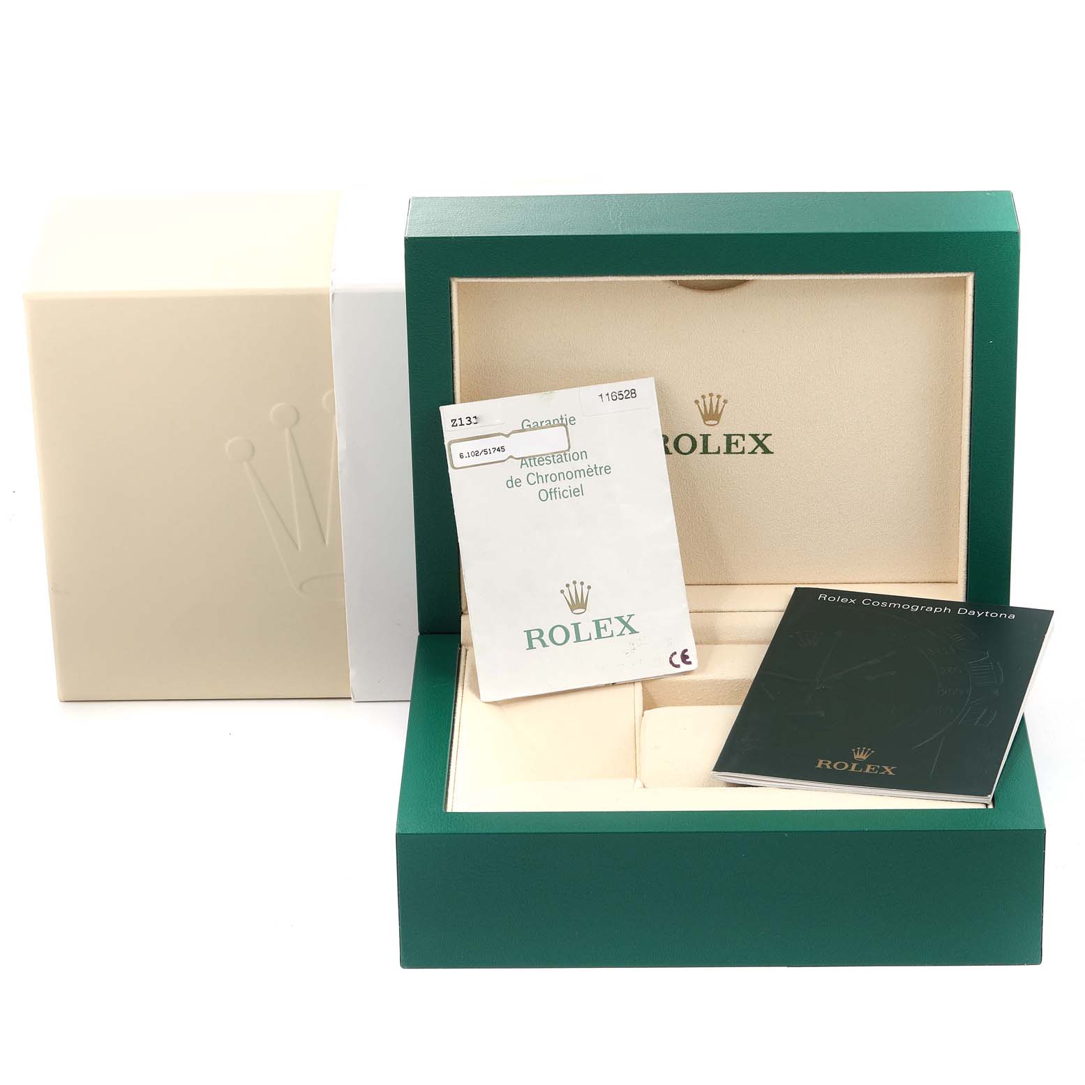 The image shows the packaging and manuals for a Rolex Daytona 116528 Men's Yellow Gold White Dial 116528 Men's Yellow Gold White Dial watch, including a green box and official documents.