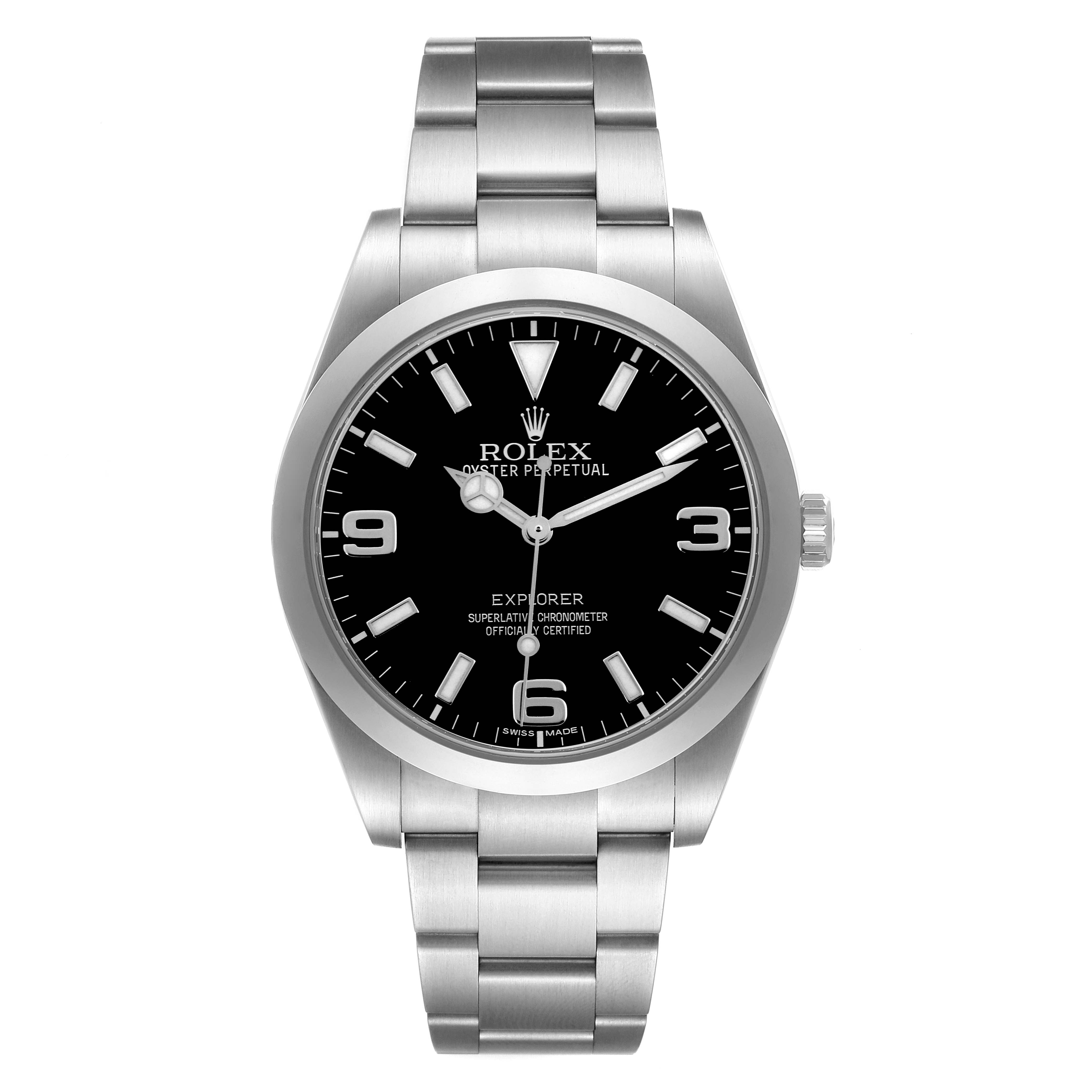 The Rolex Explorer 214270 Men's Stainless Steel Black Dial 214270 Men's Stainless Steel Black Dial watch is shown from a front angle, displaying its face, bezel, and bracelet.
