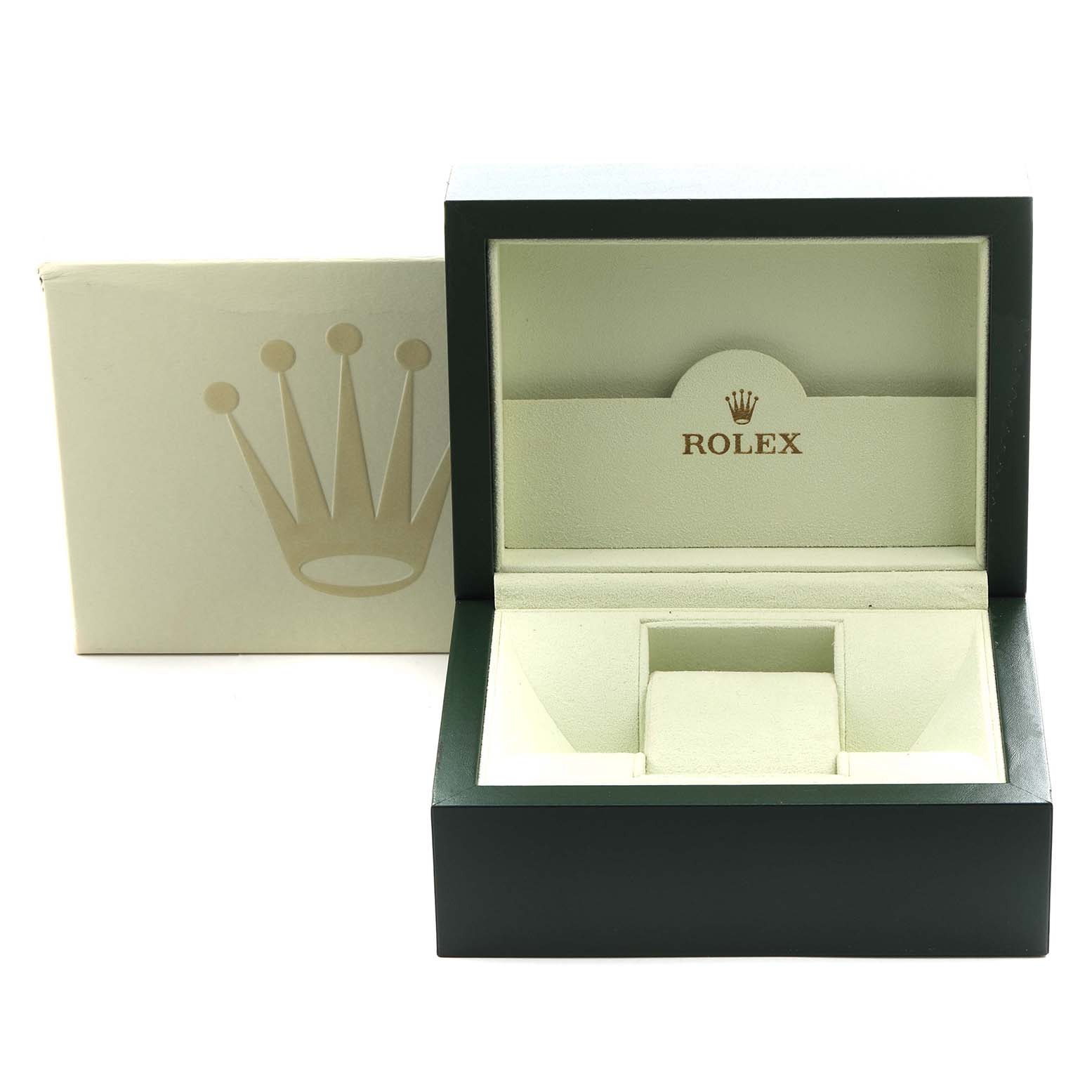 The image shows a Rolex Explorer 214270 Men's Stainless Steel Black Dial 214270 Men's Stainless Steel Black Dial watch box, featuring the open inner compartment and outer packaging, viewed from the front.