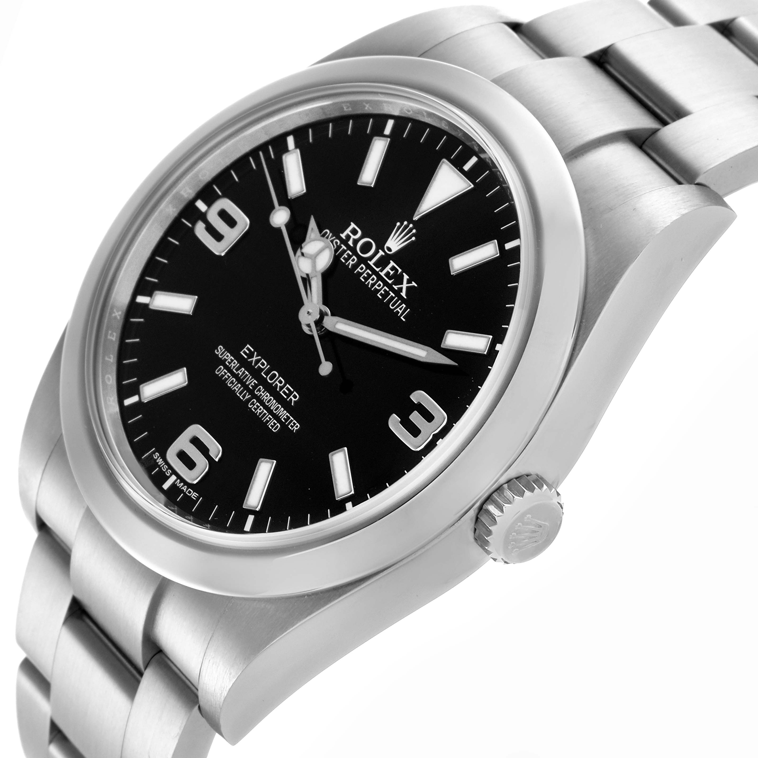 The Rolex Explorer 214270 Men's Stainless Steel Black Dial 214270 Men's Stainless Steel Black Dial watch is shown from a tilted angle, highlighting the face, bezel, crown, and part of the bracelet.