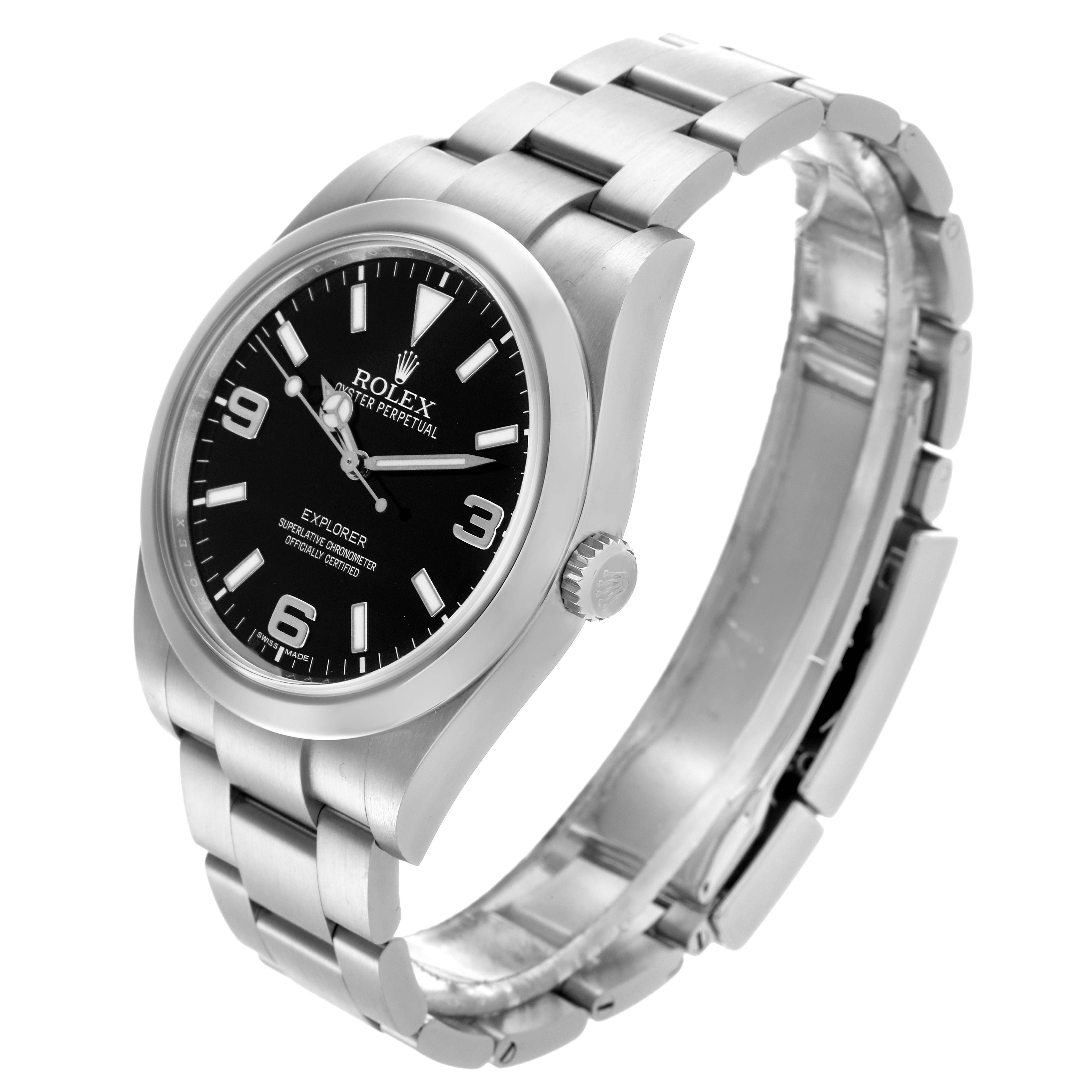 The Rolex Explorer 214270 Men's Stainless Steel Black Dial 214270 Men's Stainless Steel Black Dial watch is shown at a three-quarter angle, highlighting the dial, bezel, crown, and bracelet.