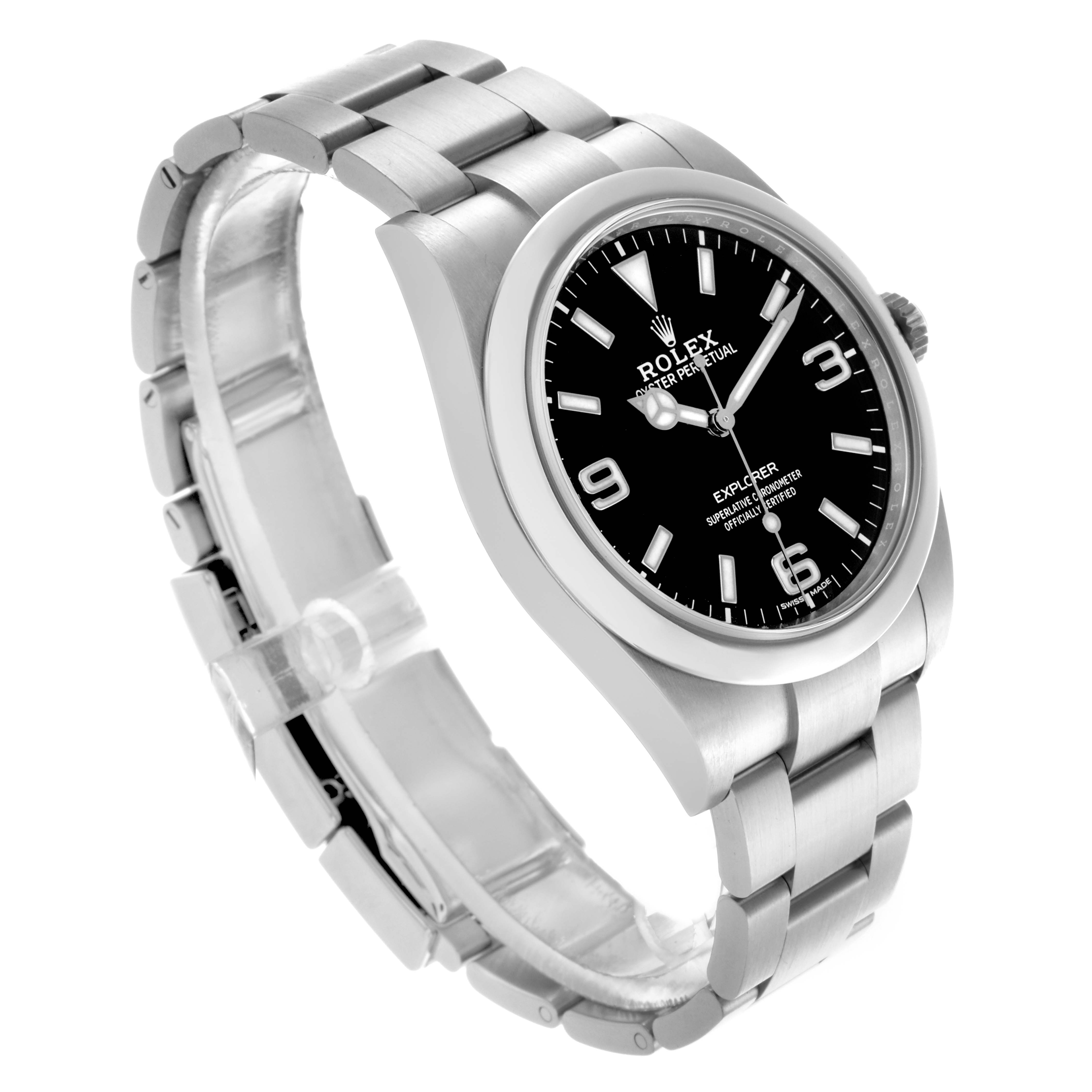 The Rolex Explorer 214270 Men
s Stainless Steel Black Dial 214270 Men
s Stainless Steel Black Dial watch is shown at a three-quarter angle, displaying the face, bezel, bracelet, and crown.