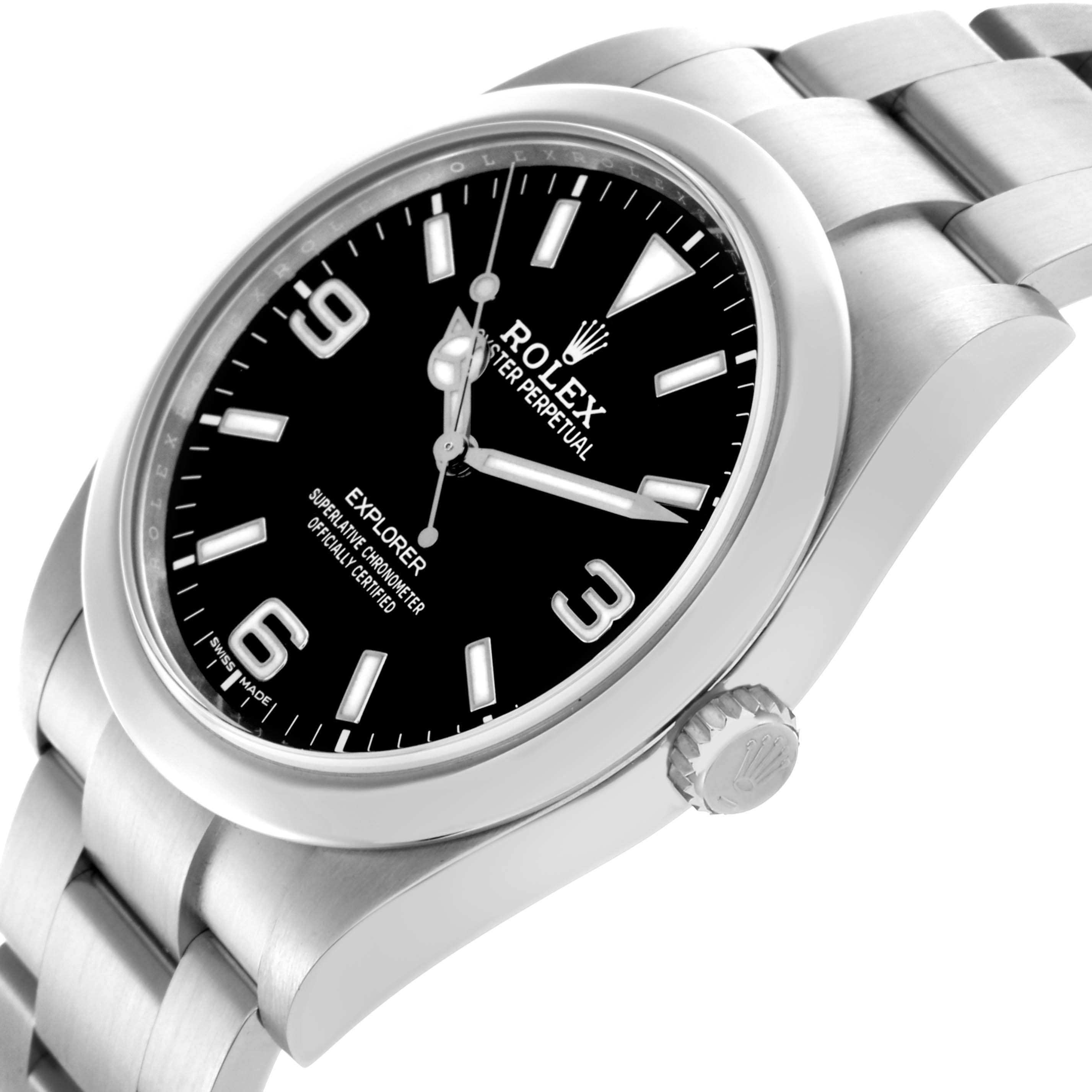 The Rolex Explorer 214270 Men
s Stainless Steel Black Dial 214270 Men
s Stainless Steel Black Dial is shown at an oblique angle, highlighting the dial, bezel, crown, and part of the bracelet.