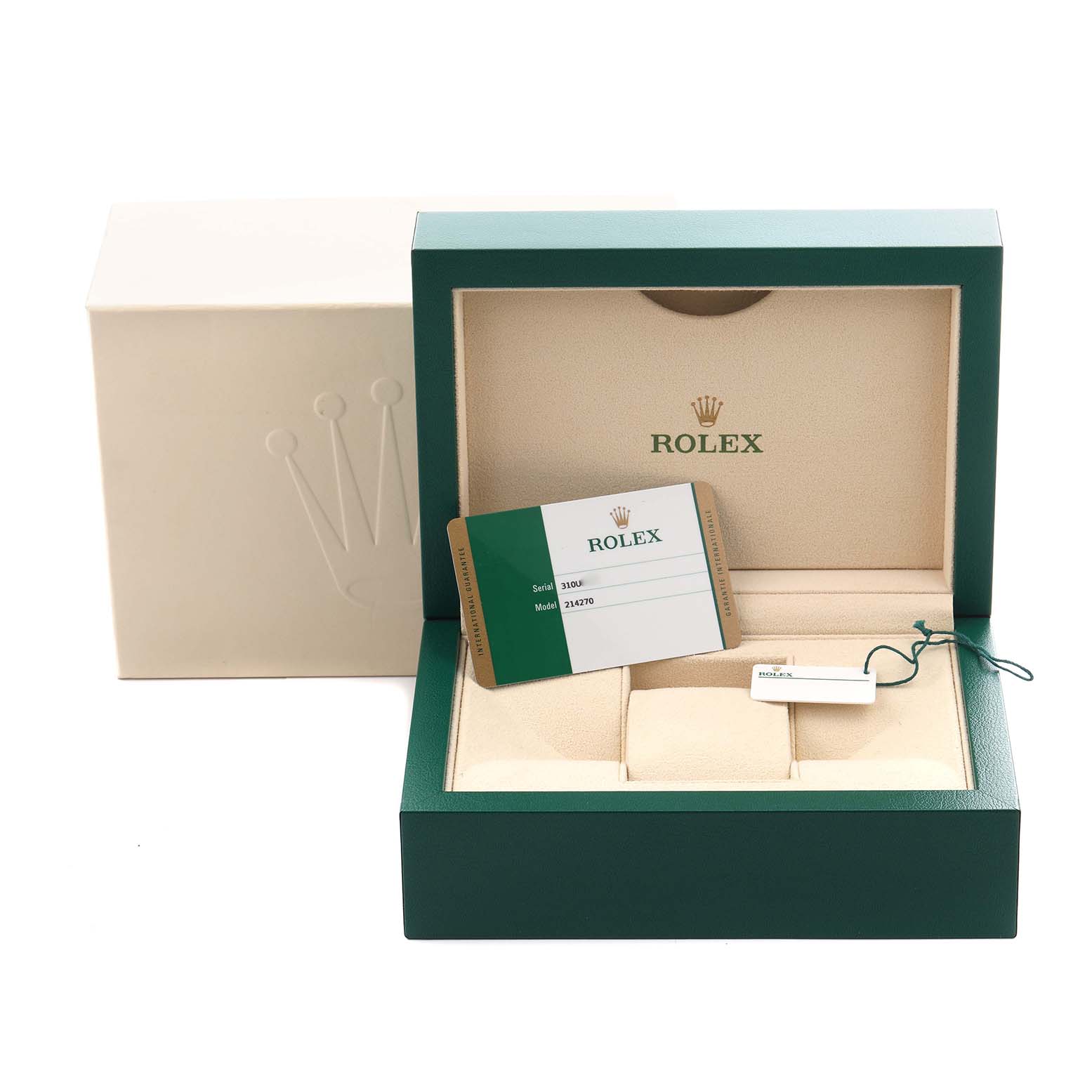 The image shows the open box and accessories for a Rolex Explorer 214270 Men
s Stainless Steel Black Dial 214270 Men
s Stainless Steel Black Dial, including a card and a tag.