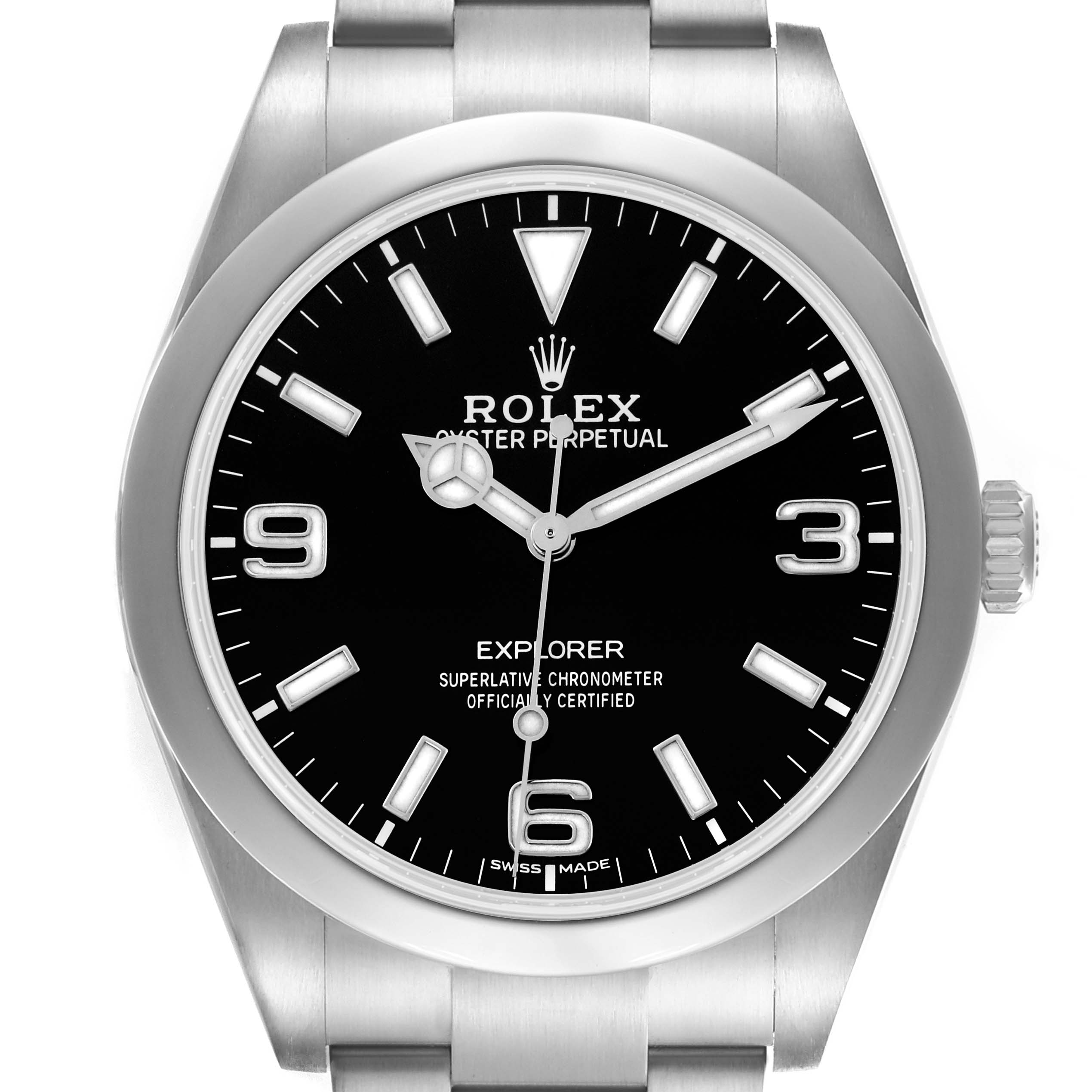 The Rolex Explorer 214270 Men
s Stainless Steel Black Dial 214270 Men
s Stainless Steel Black Dial watch is shown from a front angle, displaying the dial, hands, bezel, and part of the bracelet.