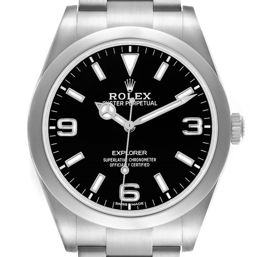 The Rolex Explorer watch is shown from a front angle, displaying the dial, hands, bezel, and part of the bracelet.