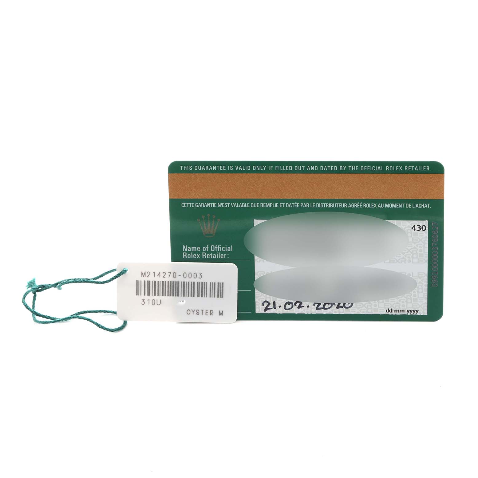 The image shows a Rolex Explorer 214270 Men
s Stainless Steel Black Dial 214270 Men
s Stainless Steel Black Dial warranty card and a tag with model details.