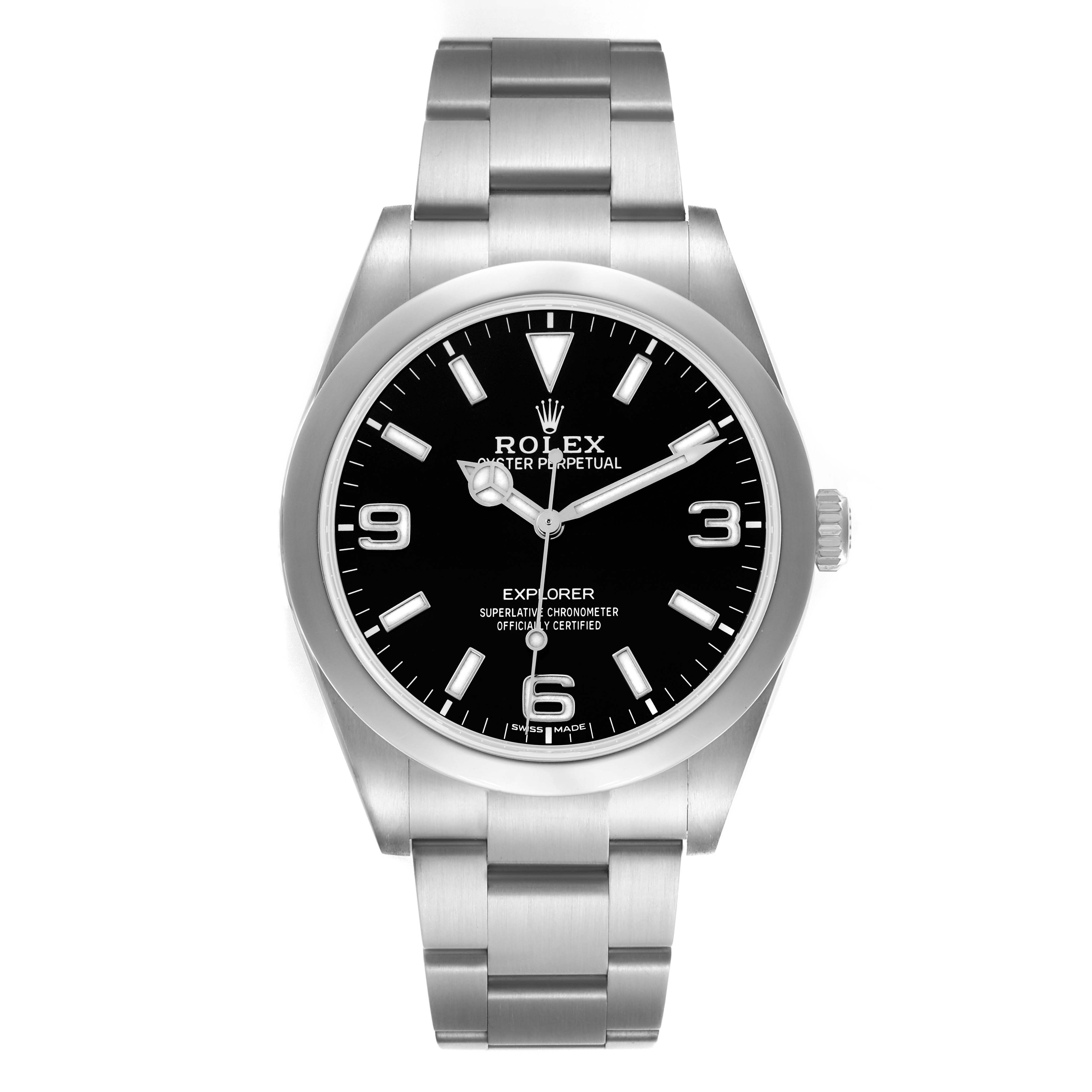 The Rolex Explorer 214270 Men
s Stainless Steel Black Dial 214270 Men
s Stainless Steel Black Dial watch is shown from a front angle, displaying its face, bezel, crown, and a portion of the bracelet.
