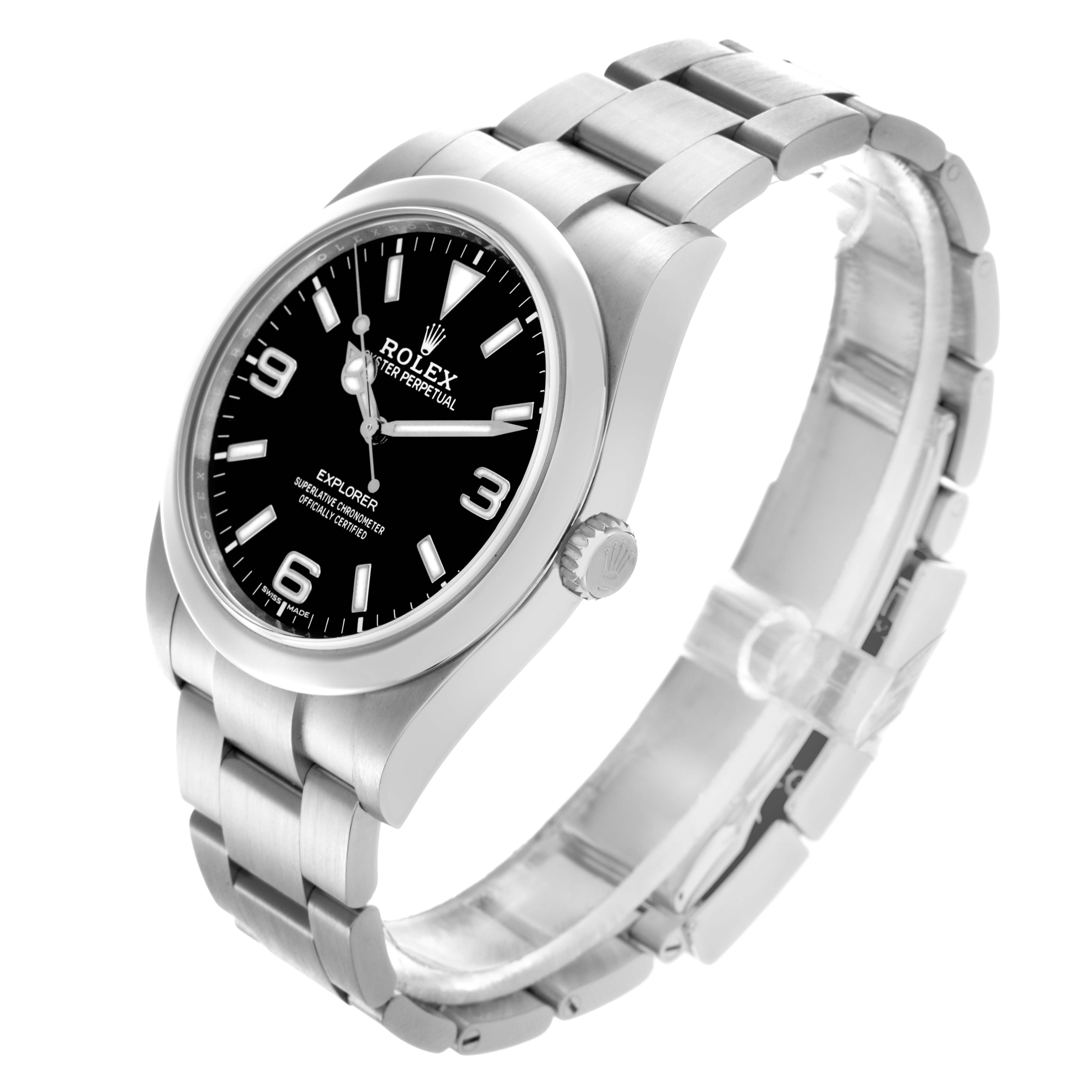 The Rolex Explorer 214270 Men
s Stainless Steel Black Dial 214270 Men
s Stainless Steel Black Dial watch is shown at a slight angle, displaying its face, bezel, crown, and stainless steel bracelet.