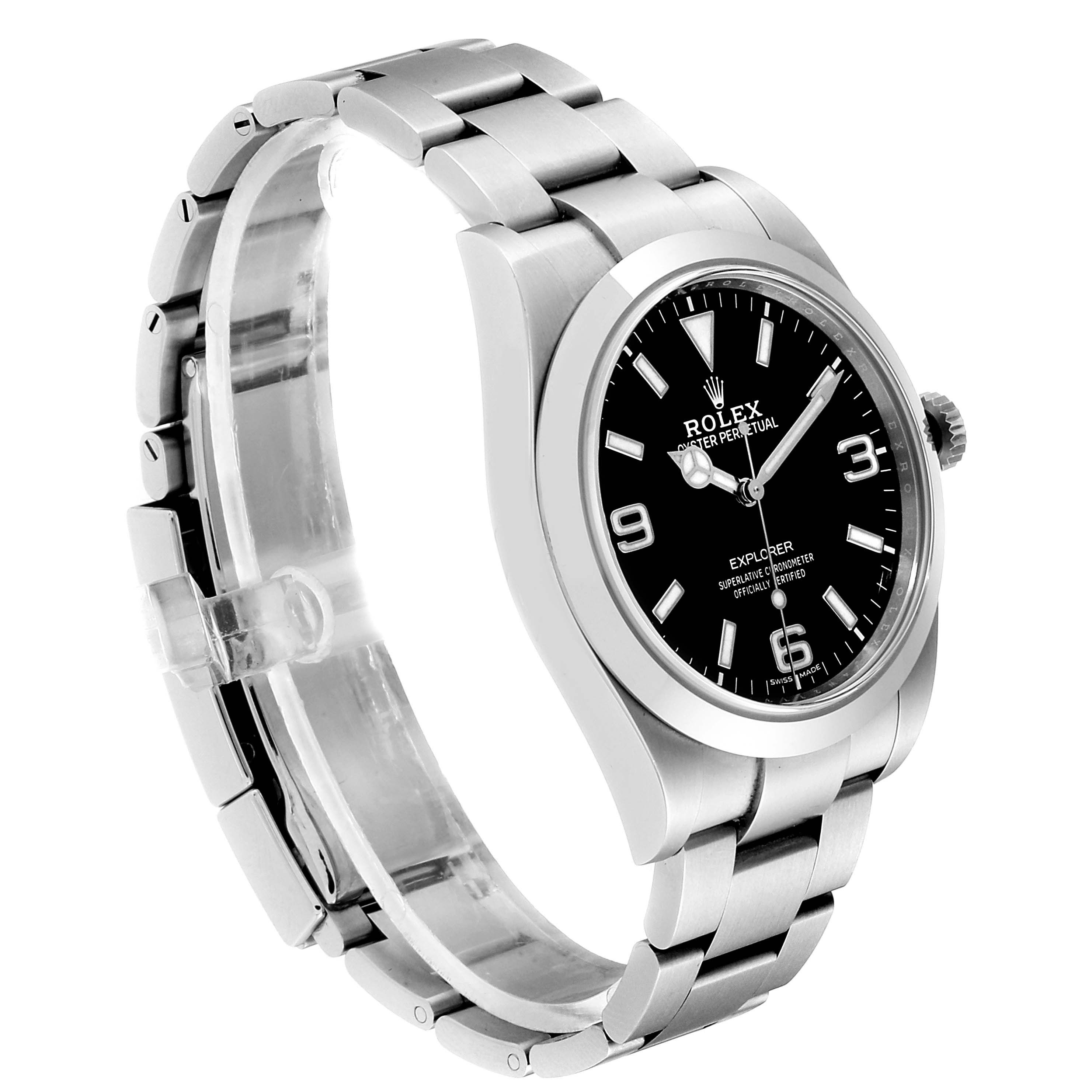 The Rolex Explorer 214270 Men
s Stainless Steel Black Dial 214270 Men
s Stainless Steel Black Dial watch is shown in a side view angle, highlighting the bracelet, bezel, and dial.