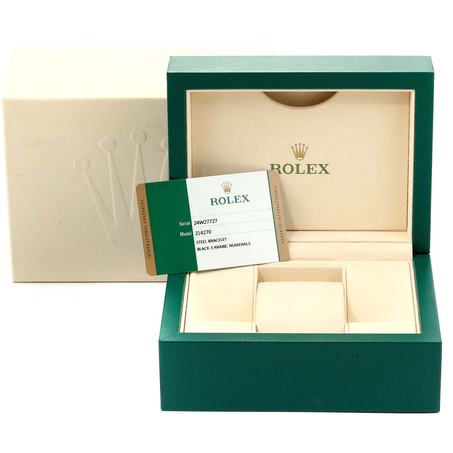 The image shows a Rolex Explorer 214270 Men
s Stainless Steel Black Dial 214270 Men
s Stainless Steel Black Dial model 214270 watch box with the warranty card displayed at an angle.