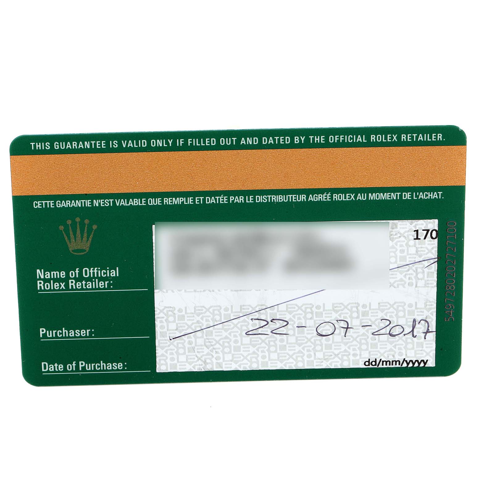 This image shows the warranty card for a Rolex Explorer 214270 Men
s Stainless Steel Black Dial 214270 Men
s Stainless Steel Black Dial watch, detailing the retailer, purchase date, and other validation information.