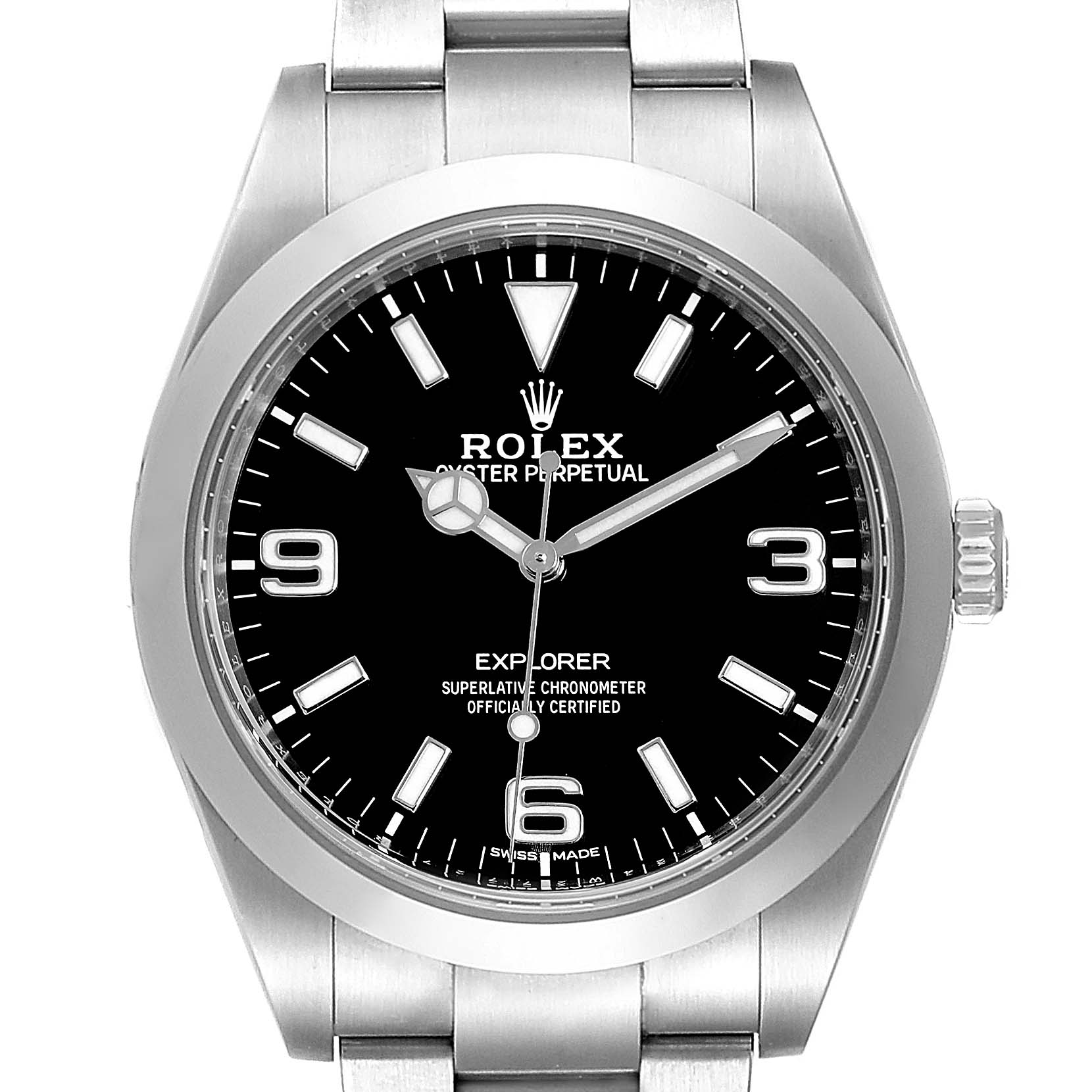 The Rolex Explorer 214270 Men
s Stainless Steel Black Dial 214270 Men
s Stainless Steel Black Dial watch is shown from the front, highlighting the dial, hour markers, hands, bezel, and part of the bracelet.