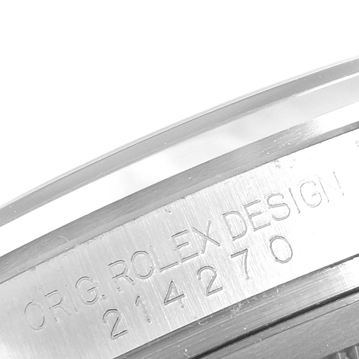 This image shows a close-up of the case side engraving on a Rolex Explorer 214270 Men
s Stainless Steel Black Dial 214270 Men
s Stainless Steel Black Dial model.
