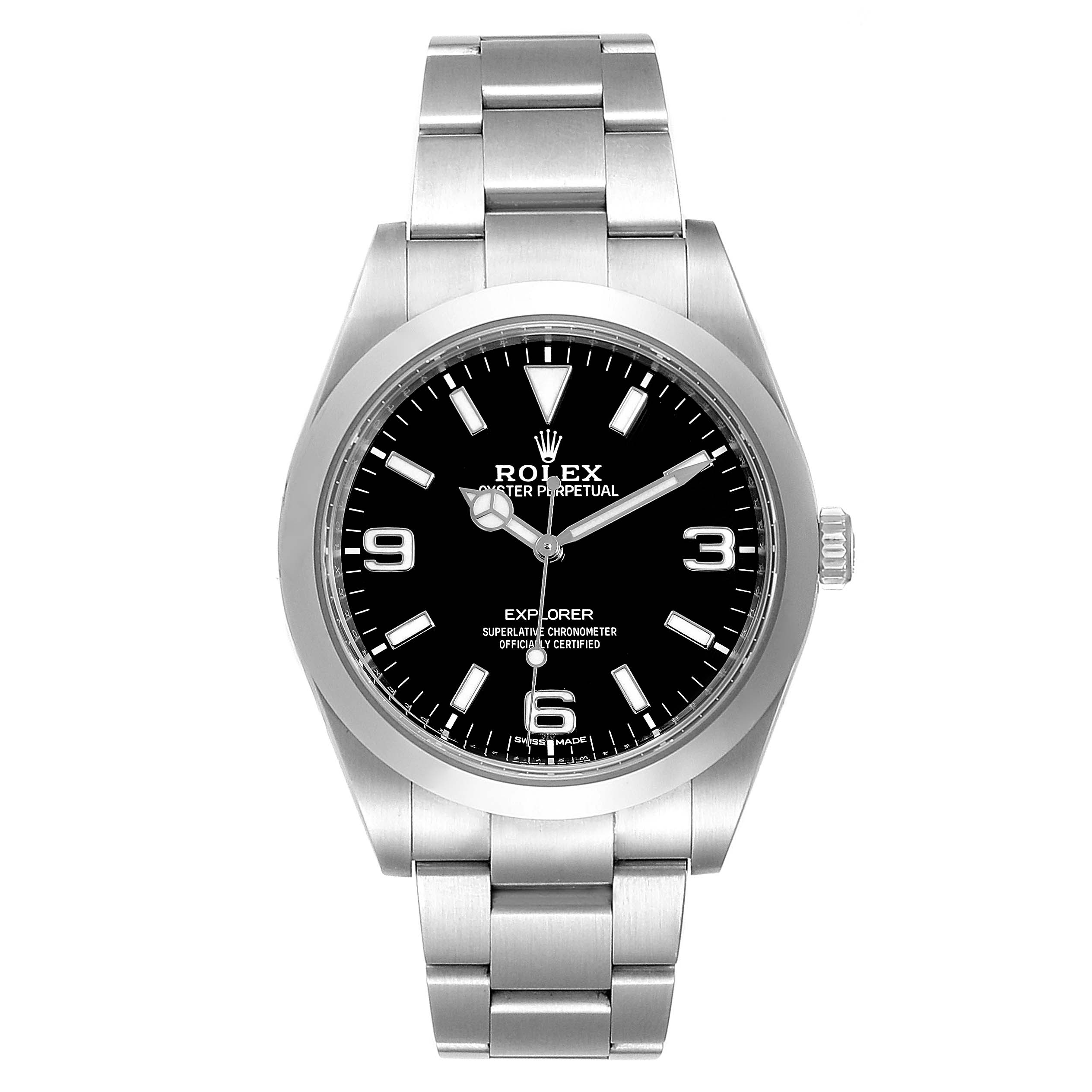 The image shows a front view of the Rolex Explorer 214270 Men
s Stainless Steel Black Dial 214270 Men
s Stainless Steel Black Dial watch, displaying the face, bezel, and bracelet.