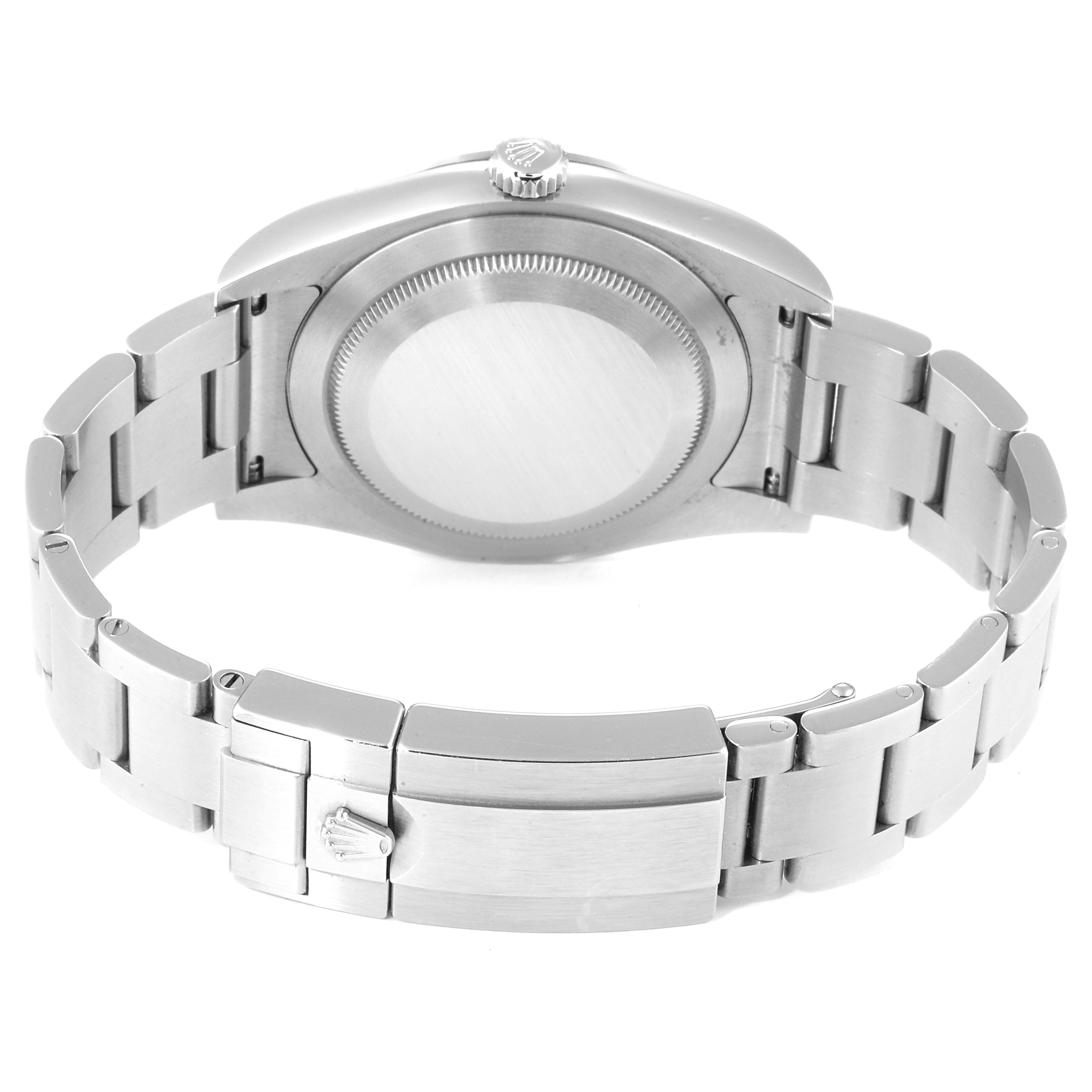 This image shows the back view of a Rolex Explorer 214270 Men
s Stainless Steel Black Dial 214270 Men
s Stainless Steel Black Dial watch, highlighting the case, crown, and bracelet.