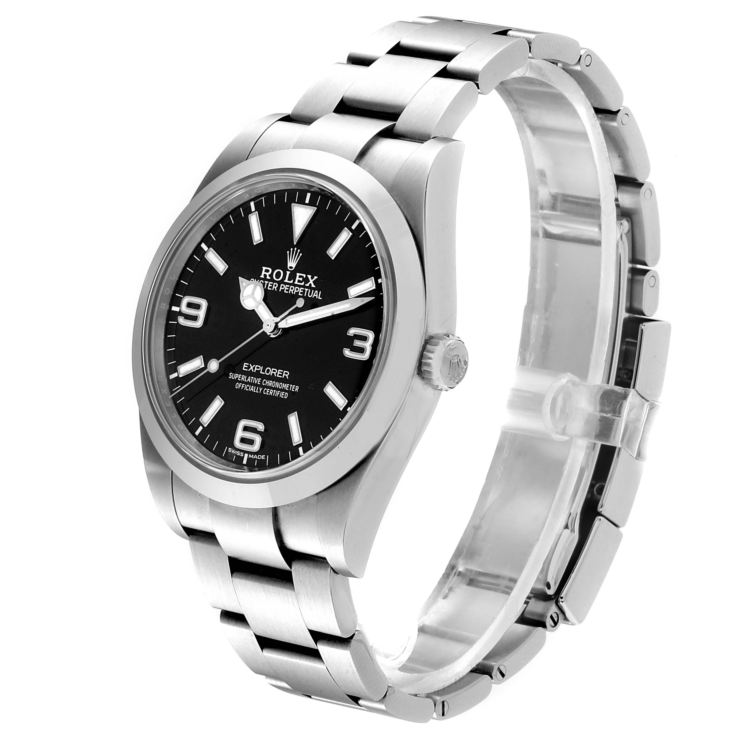 The image shows a side angle view of a Rolex Explorer 214270 Men
s Stainless Steel Black Dial 214270 Men
s Stainless Steel Black Dial watch, highlighting the dial, bezel, crown, and bracelet.