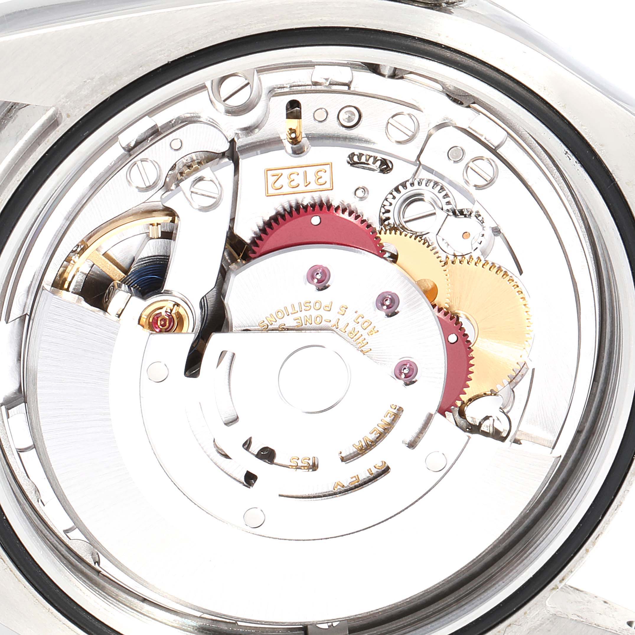 This image shows a close-up view of the movement mechanism inside a Rolex Explorer 214270 Men
s Stainless Steel Black Dial 214270 Men
s Stainless Steel Black Dial watch.