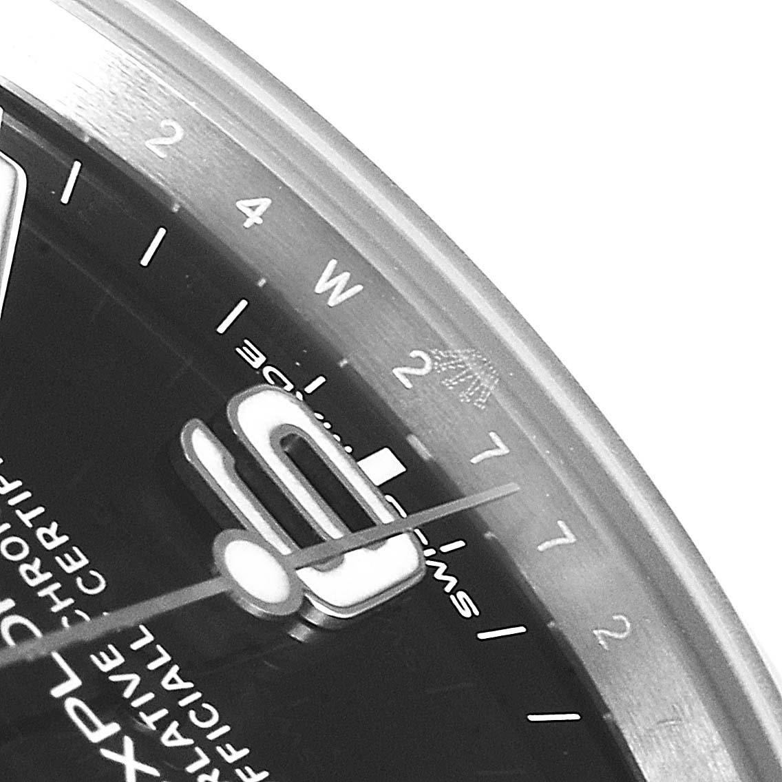 This close-up shows the face, indices, and part of the hands of the Rolex Explorer 214270 Men
s Stainless Steel Black Dial 214270 Men
s Stainless Steel Black Dial watch.