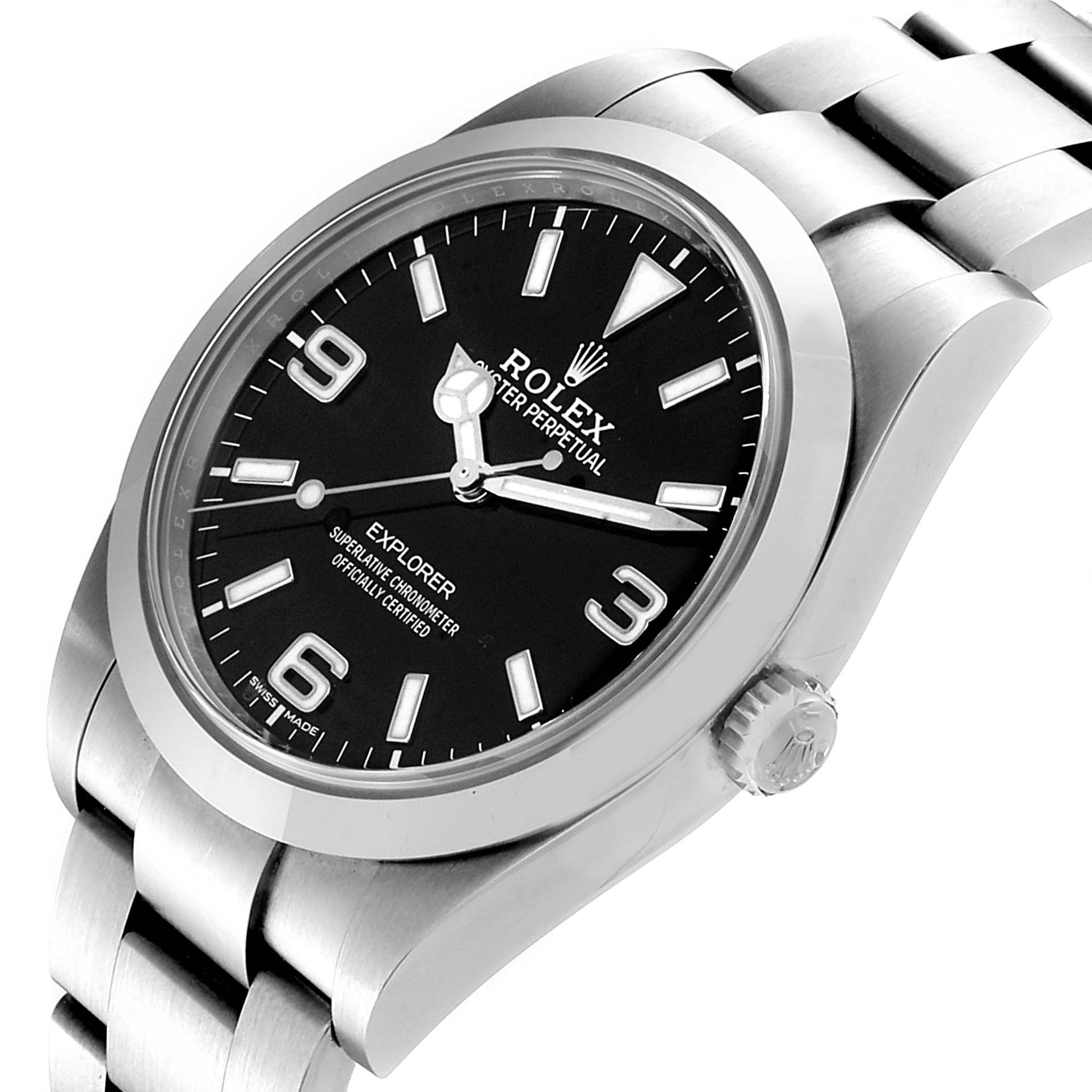 The image shows a side view of the Rolex Explorer 214270 Men
s Stainless Steel Black Dial 214270 Men
s Stainless Steel Black Dial watch, highlighting the dial, bezel, case, and part of the bracelet.