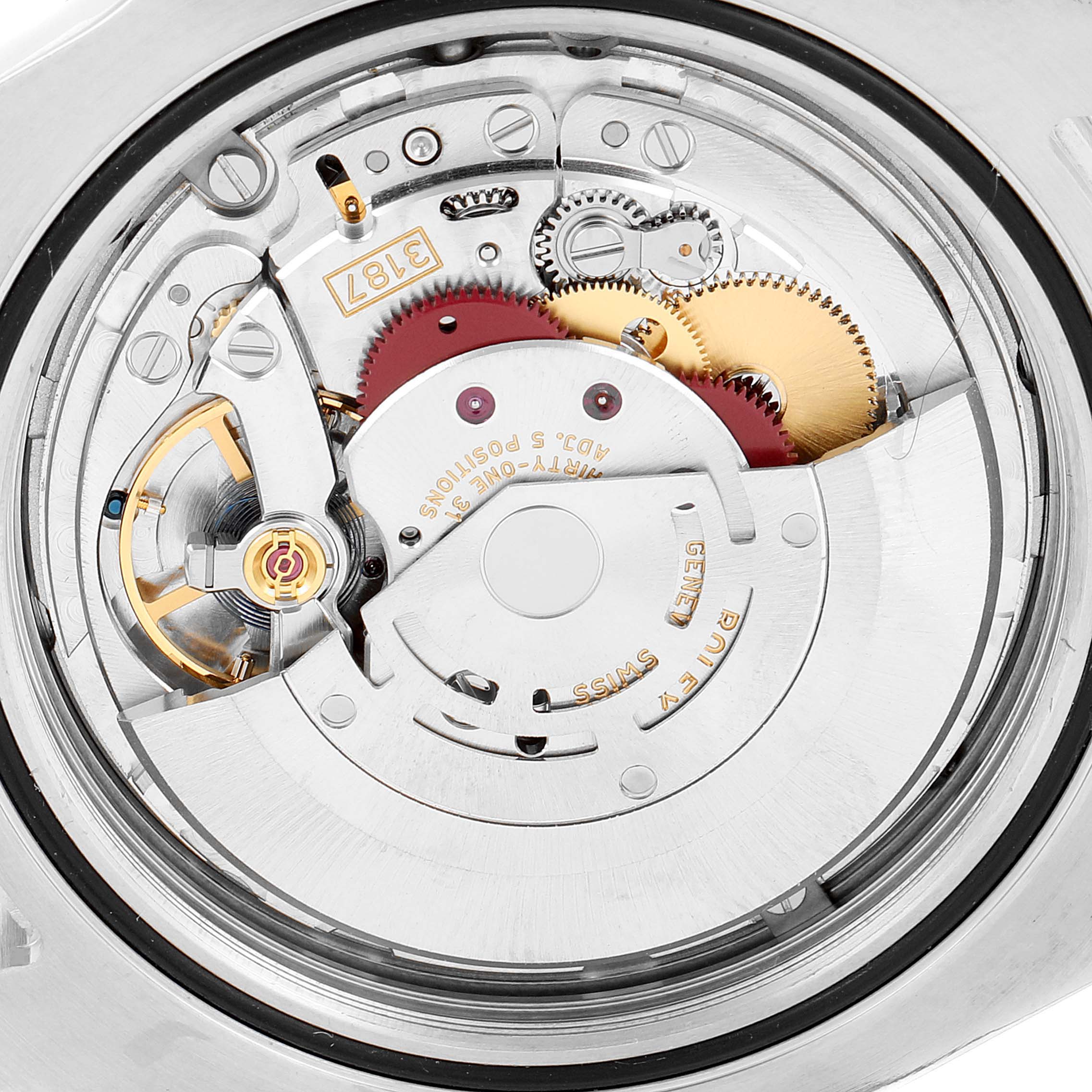 This image shows the inner mechanical movement of the Rolex Explorer 216570 Men
s Stainless Steel Black Dial 216570 Men
s Stainless Steel Black Dial watch, highlighting its gears and components.