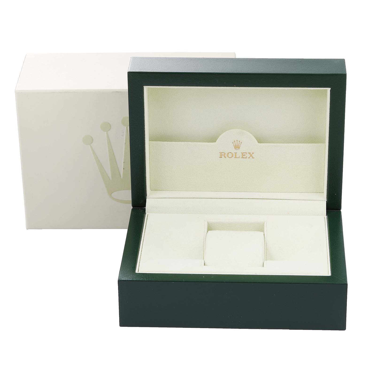 The image shows an empty Rolex Explorer 216570 Men
s Stainless Steel Black Dial 216570 Men
s Stainless Steel Black Dial watch box and the protective outer box at a front angle.