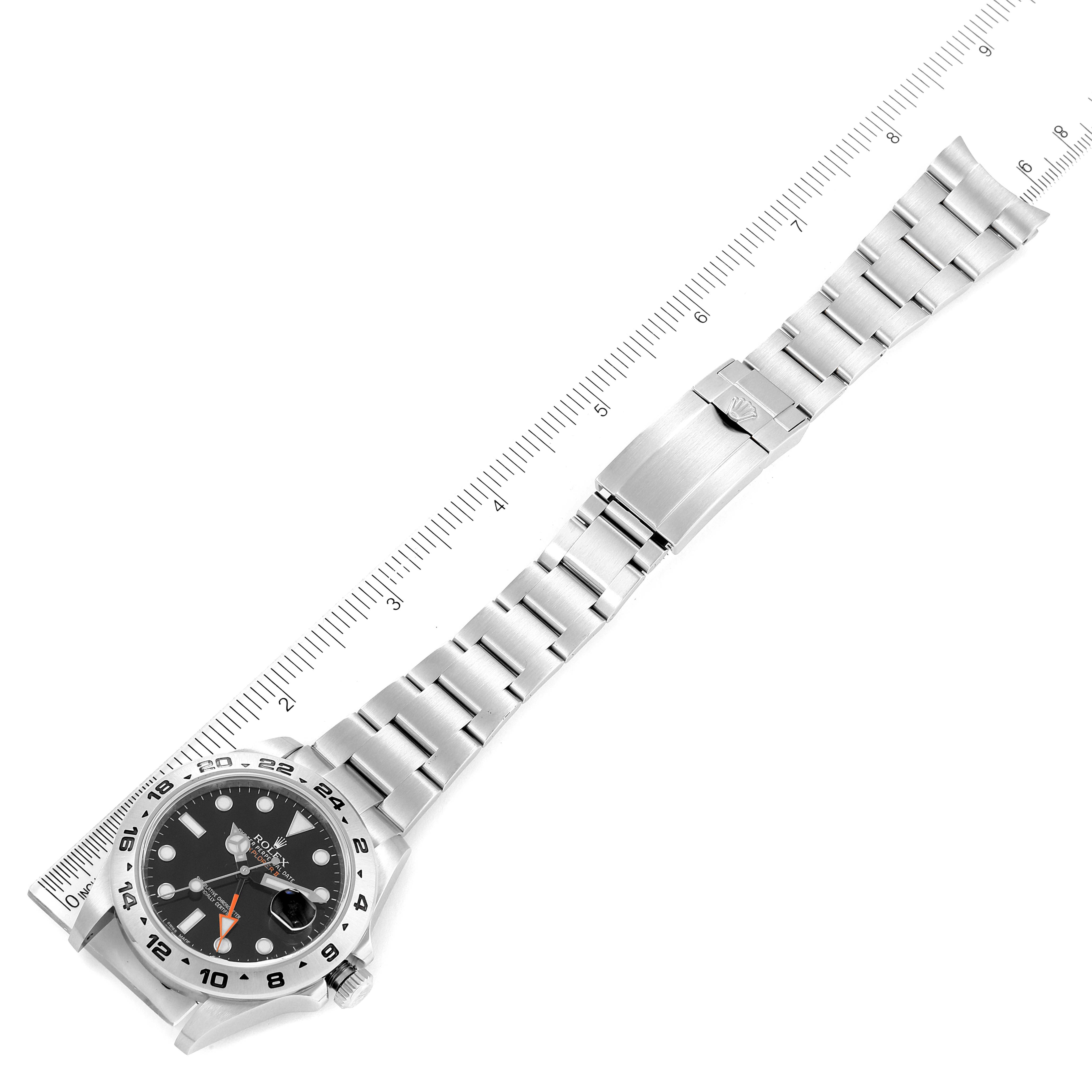 The image shows a Rolex Explorer 216570 Men
s Stainless Steel Black Dial 216570 Men
s Stainless Steel Black Dial model watch, viewed from above, showcasing the full length of the watch and its bracelet.