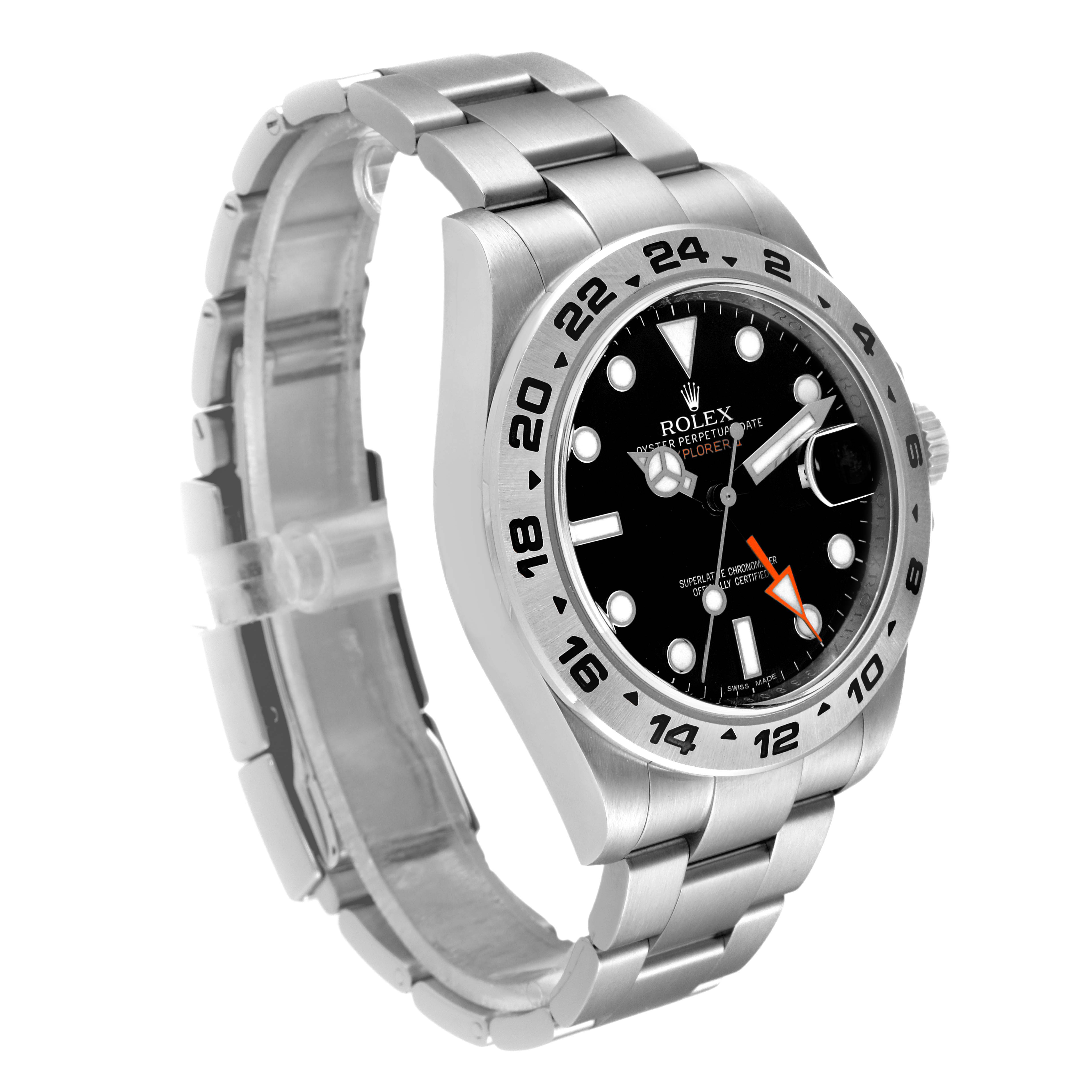 The image shows a side view of the Rolex Explorer 216570 Men
s Stainless Steel Black Dial 216570 Men
s Stainless Steel Black Dial watch with a metal bracelet and black dial.