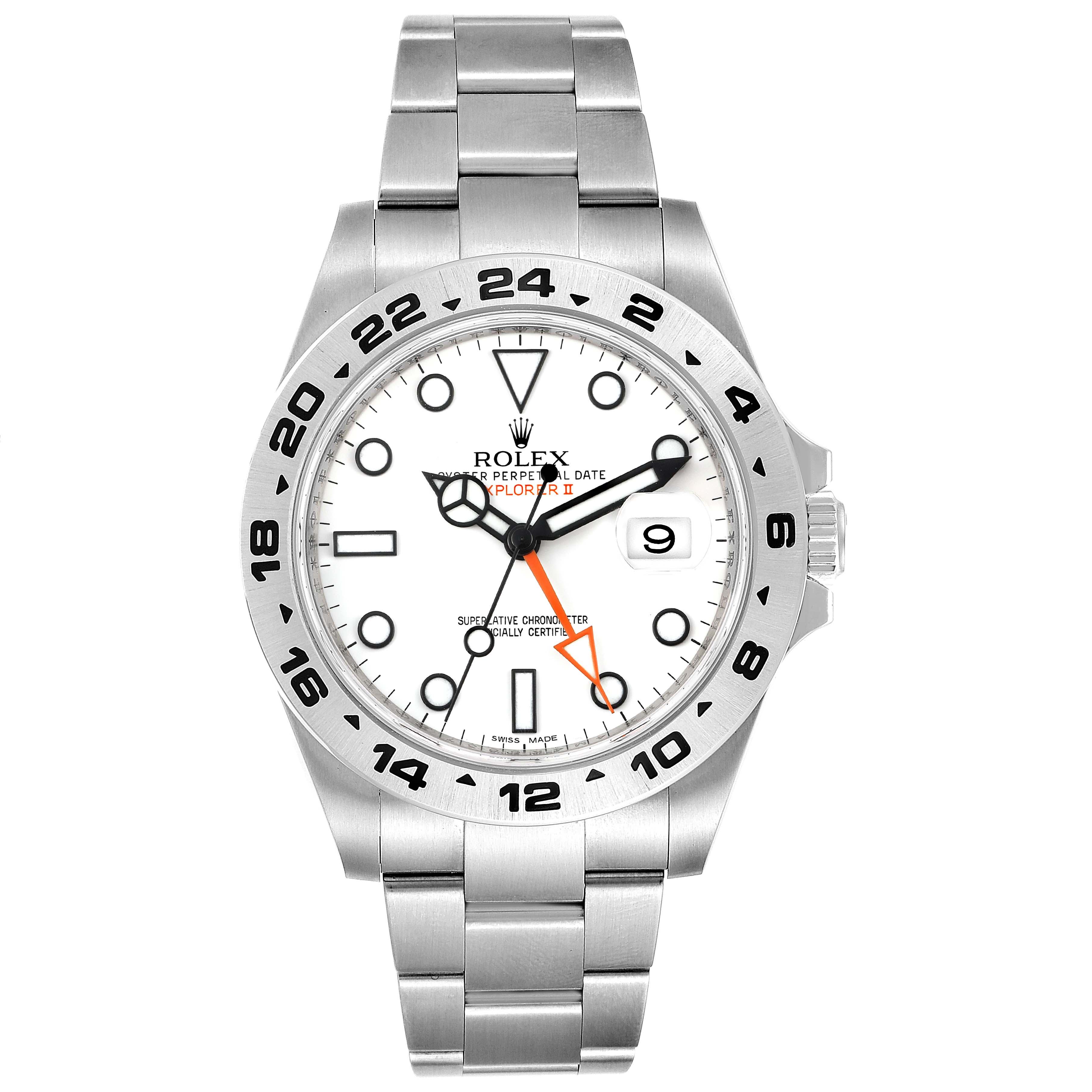 This image shows a front view of a Rolex Explorer 216570 Men's Stainless Steel White Dial 216570 Men's Stainless Steel White Dial watch, featuring a white dial, stainless steel bracelet, and 24-hour bezel.
