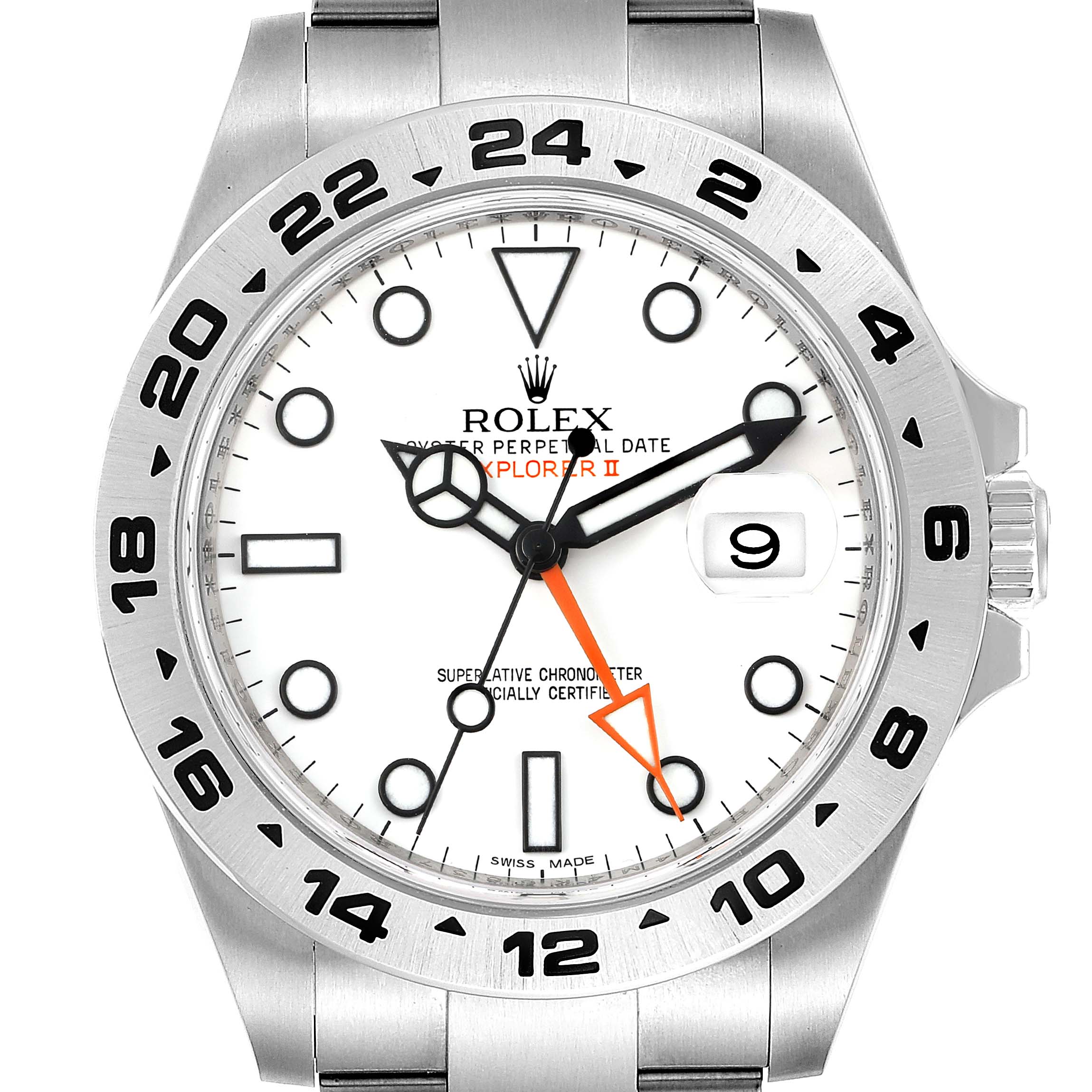 This image shows a front view of the Rolex Explorer 216570 Men's Stainless Steel White Dial 216570 Men's Stainless Steel White Dial watch, displaying its white dial, black hour markers, and date window.