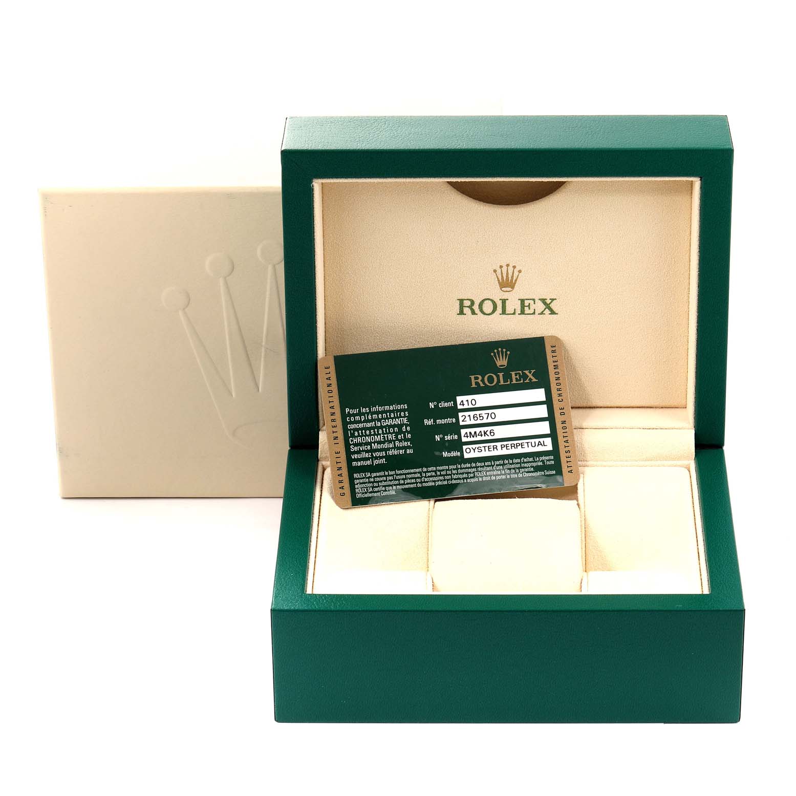 The image shows the box and authenticity card for the Rolex Explorer 216570 Men's Stainless Steel White Dial 216570 Men's Stainless Steel White Dial model.