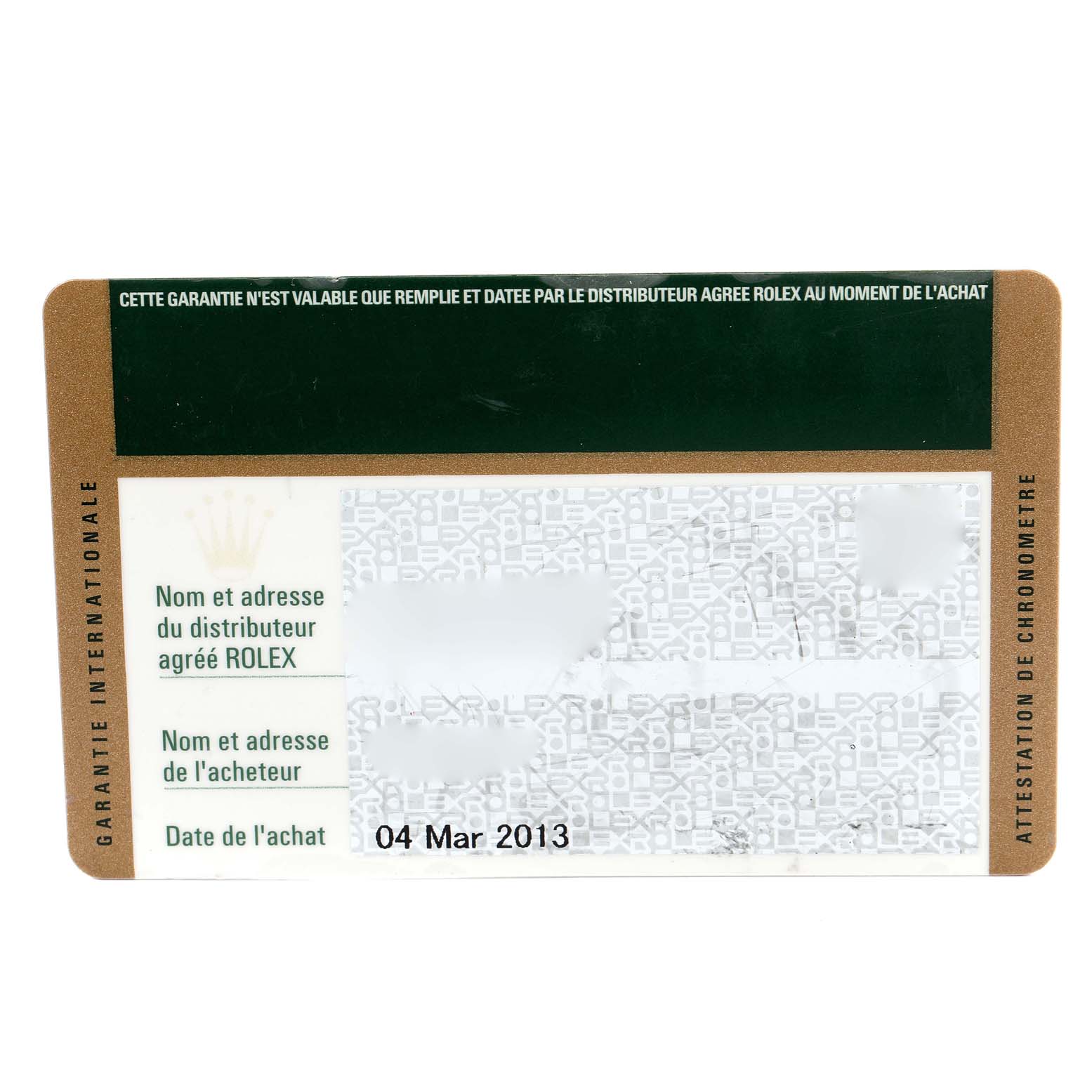 This image shows the International Warranty Card for a Rolex Explorer 216570 Men's Stainless Steel White Dial 216570 Men's Stainless Steel White Dial watch, dated 04 Mar 2013.