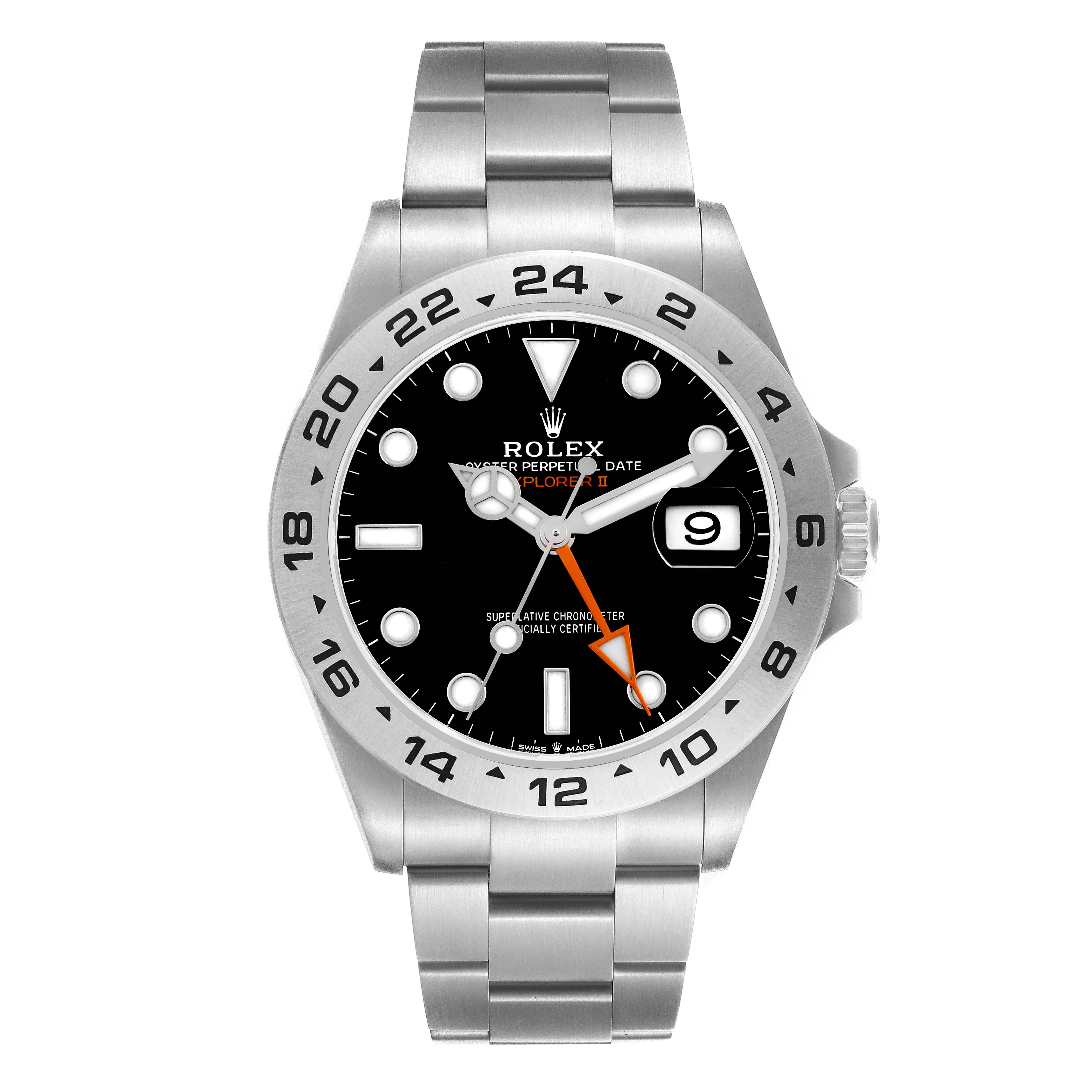 The Rolex GMT-Master 226570 Men's Stainless Steel Black Dial 226570 Men's Stainless Steel Black Dial watch is shown from the front, displaying its bezel, dial, hands, and bracelet.