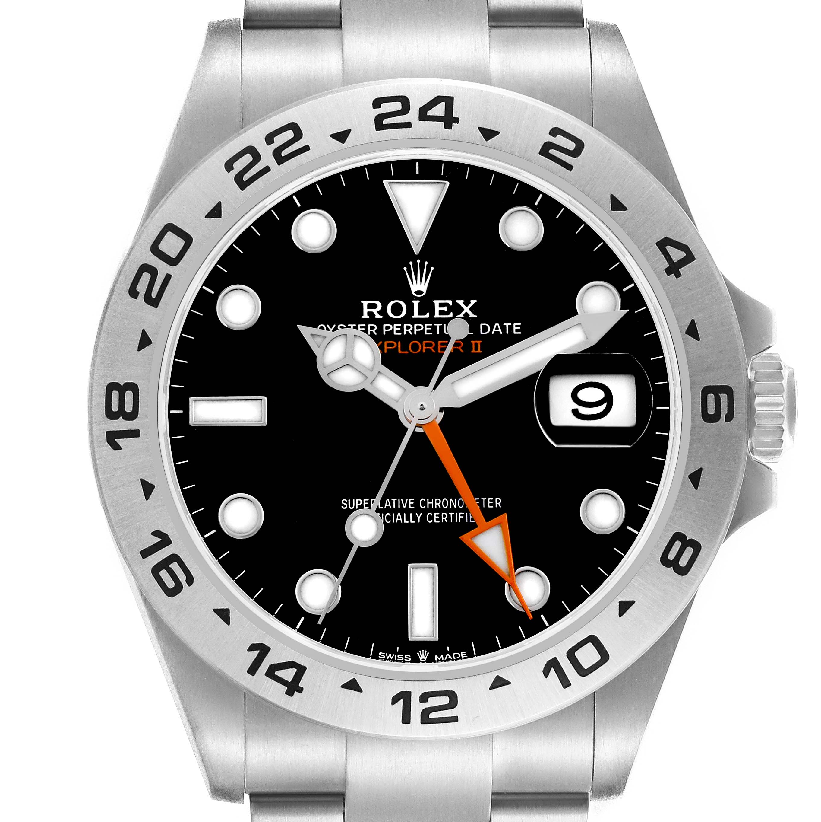 This is a close-up of a Rolex Explorer II, showing the dial, hands, bezel, and part of the bracelet.