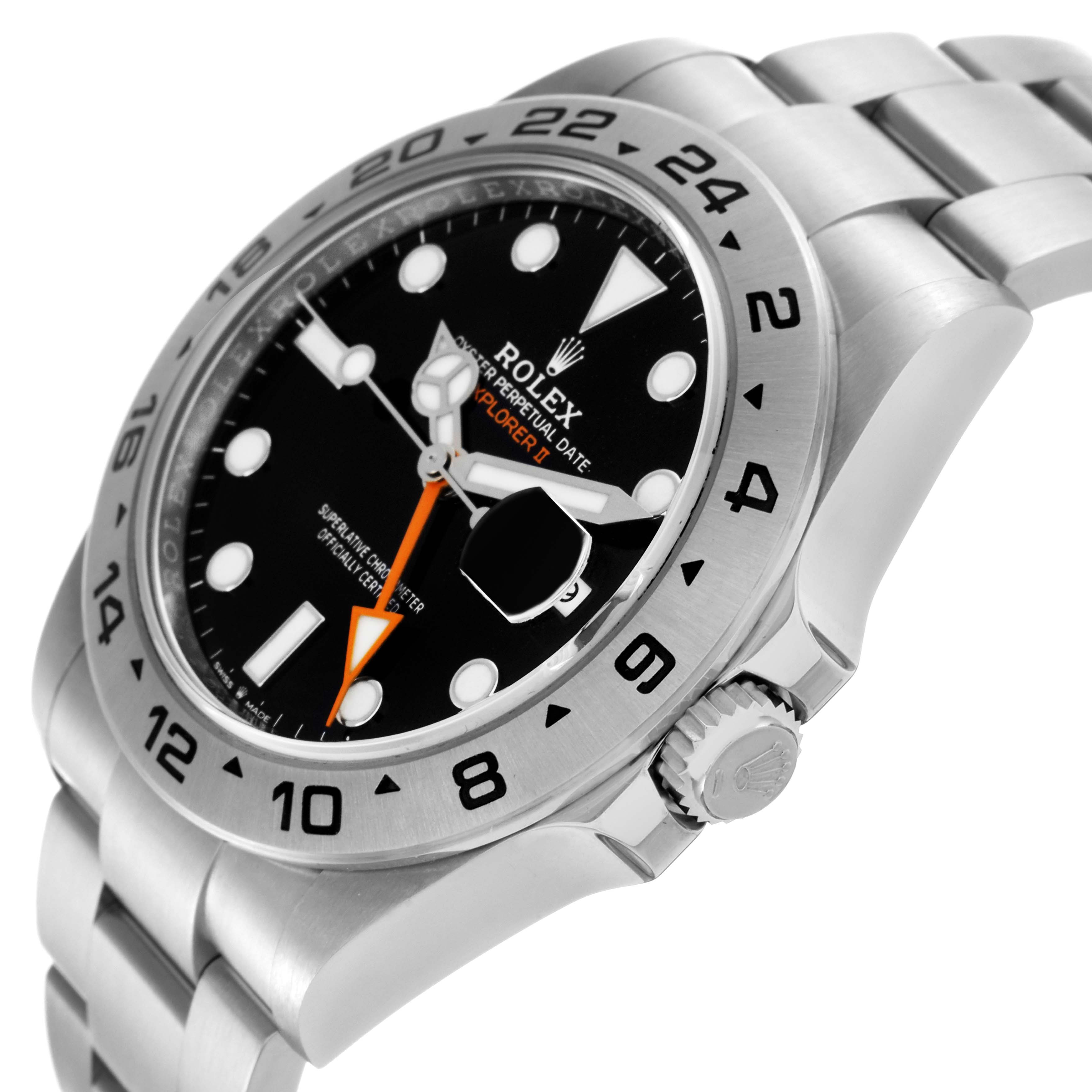 The Rolex GMT-Master 226570 Men's Stainless Steel Black Dial 226570 Men's Stainless Steel Black Dial watch is shown from a front-side angle, displaying its face, bezel, crown, and part of the bracelet.