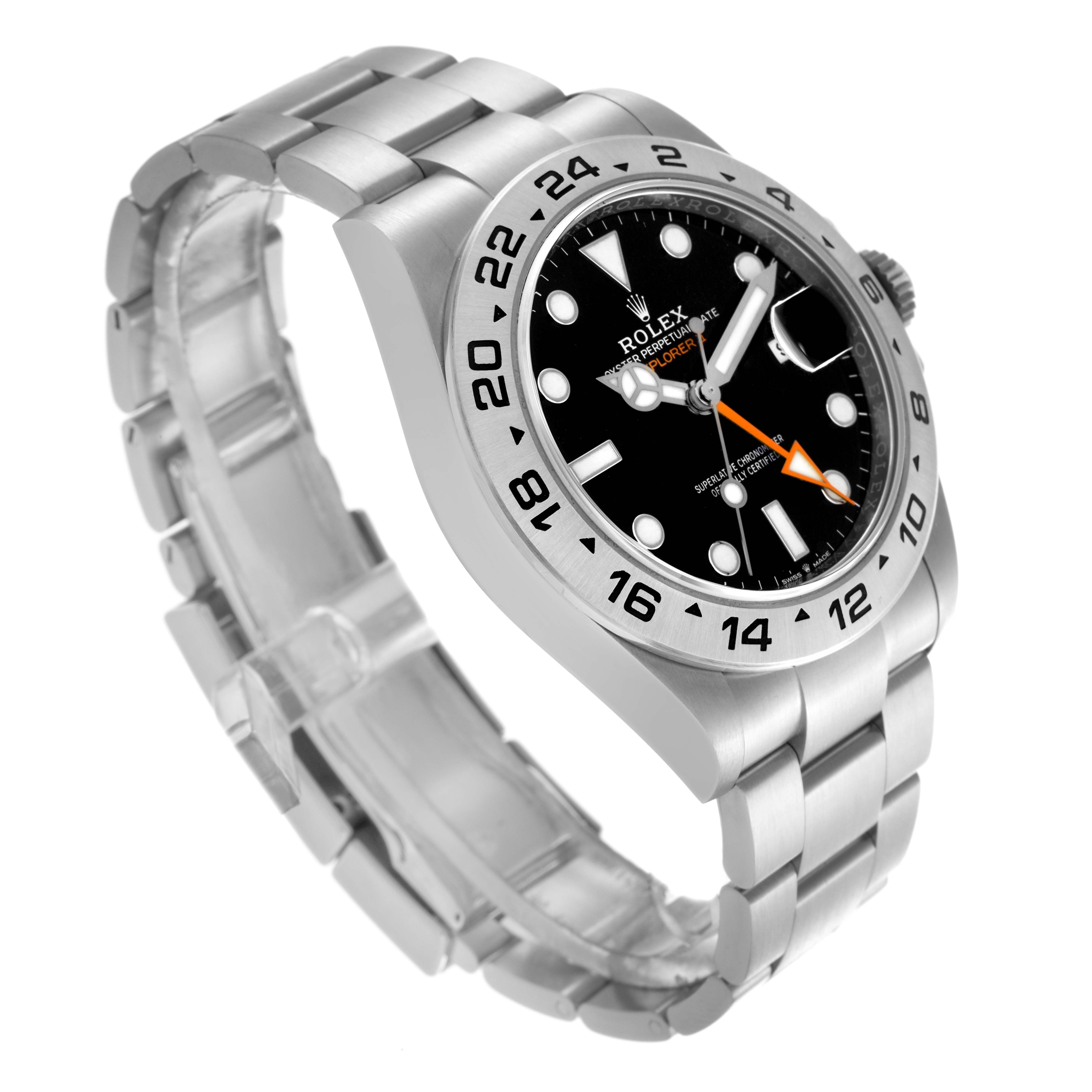 The Rolex GMT-Master 226570 Men's Stainless Steel Black Dial 226570 Men's Stainless Steel Black Dial watch is shown at an oblique angle, highlighting the bezel, dial, and bracelet.