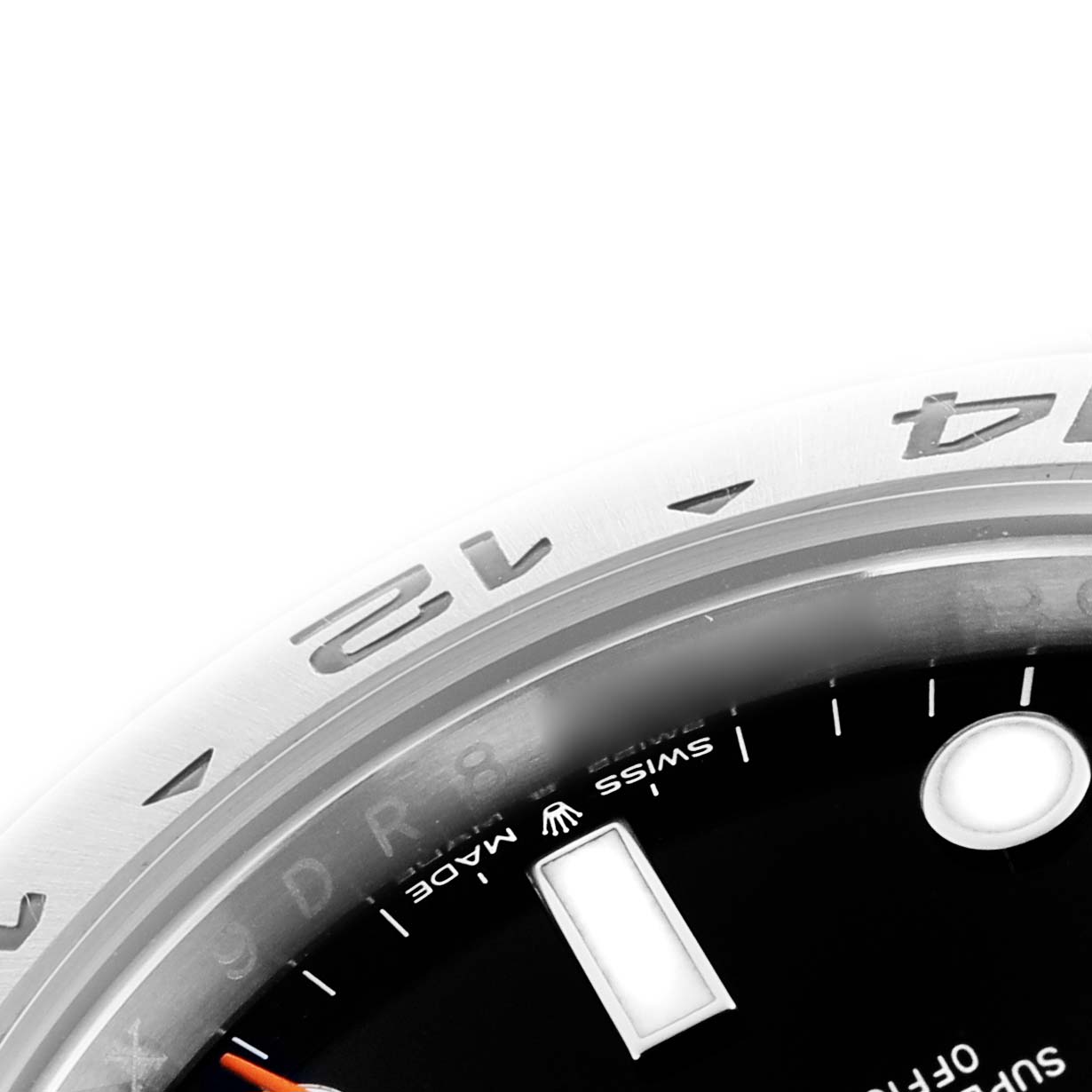 The image shows a close-up of the Rolex GMT-Master 226570 Men's Stainless Steel Black Dial 226570 Men's Stainless Steel Black Dial watch, focusing on the bezel and part of the dial.