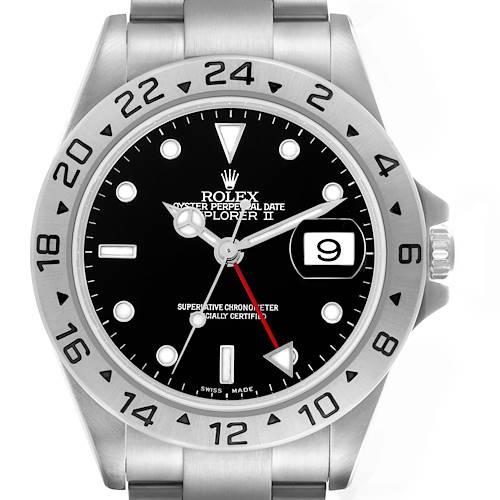 The Rolex Explorer II watch is shown from a front angle, highlighting its dial, bezel, and part of the bracelet.