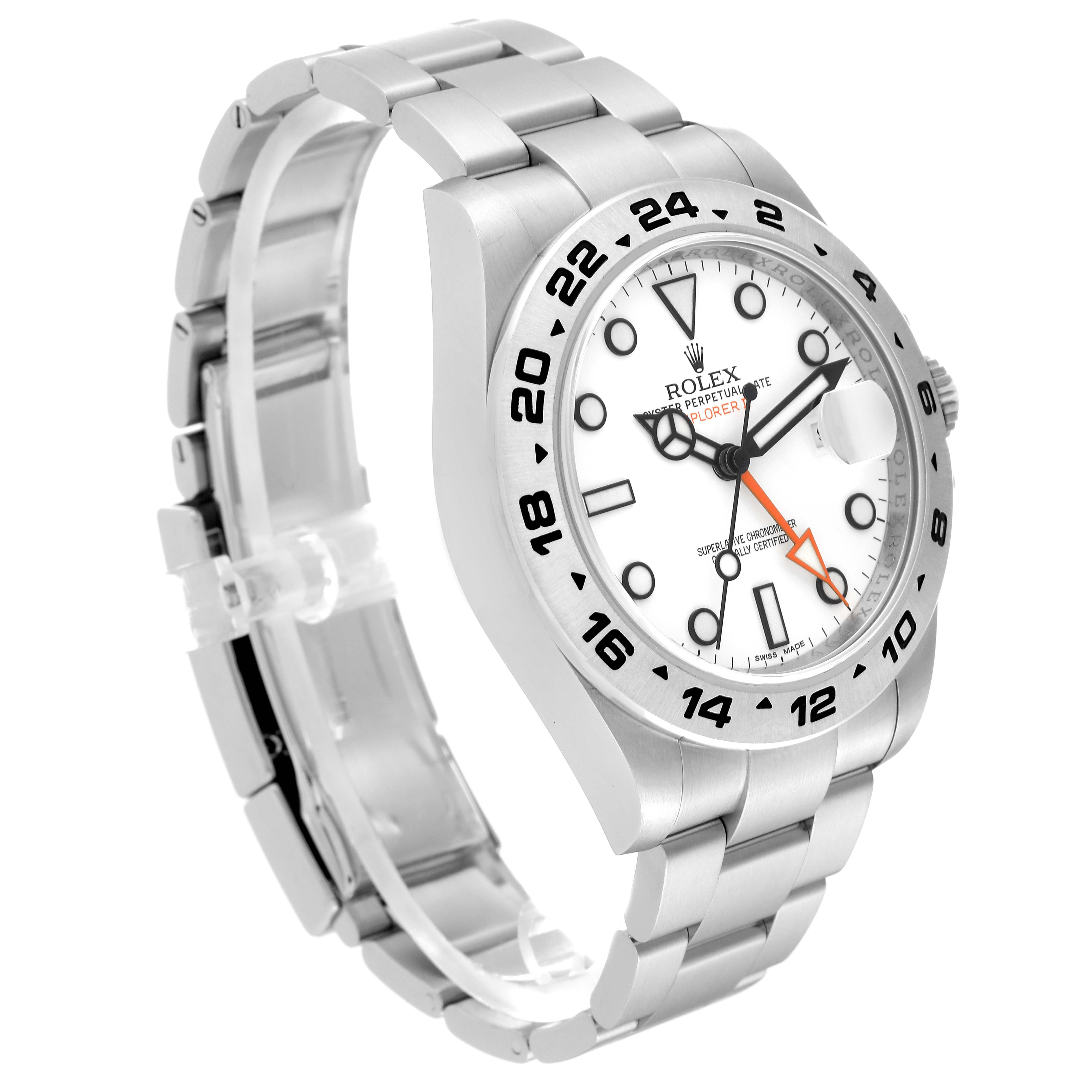 This image shows a Rolex Explorer 216570 Men's Stainless Steel White Dial 216570 Men's Stainless Steel White Dial watch at a three-quarter angle, displaying its white dial, bezel, and stainless steel bracelet.