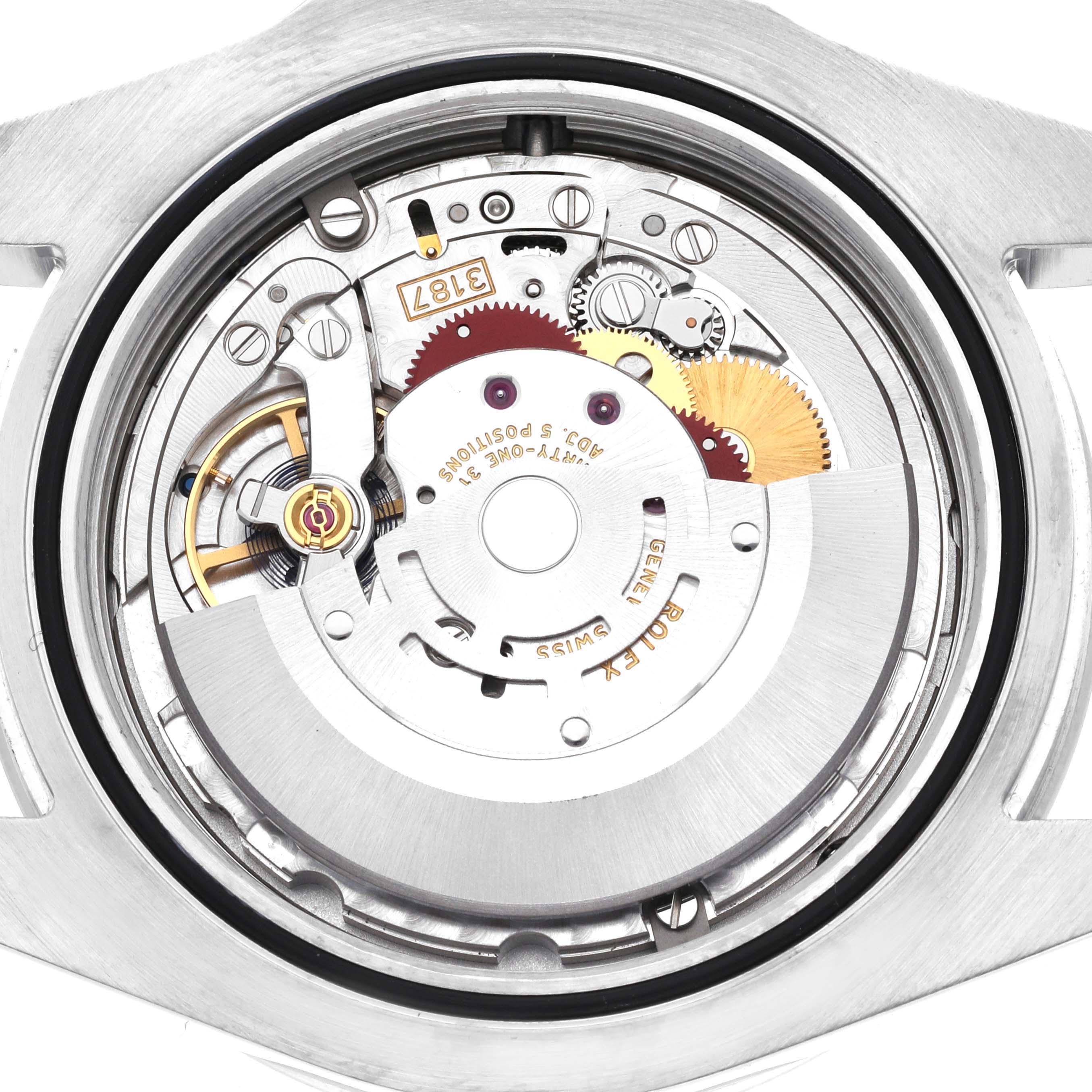 This image shows the internal mechanical movements and components of a Rolex Explorer 216570 Men's Stainless Steel White Dial 216570 Men's Stainless Steel White Dial watch from a top-down angle.
