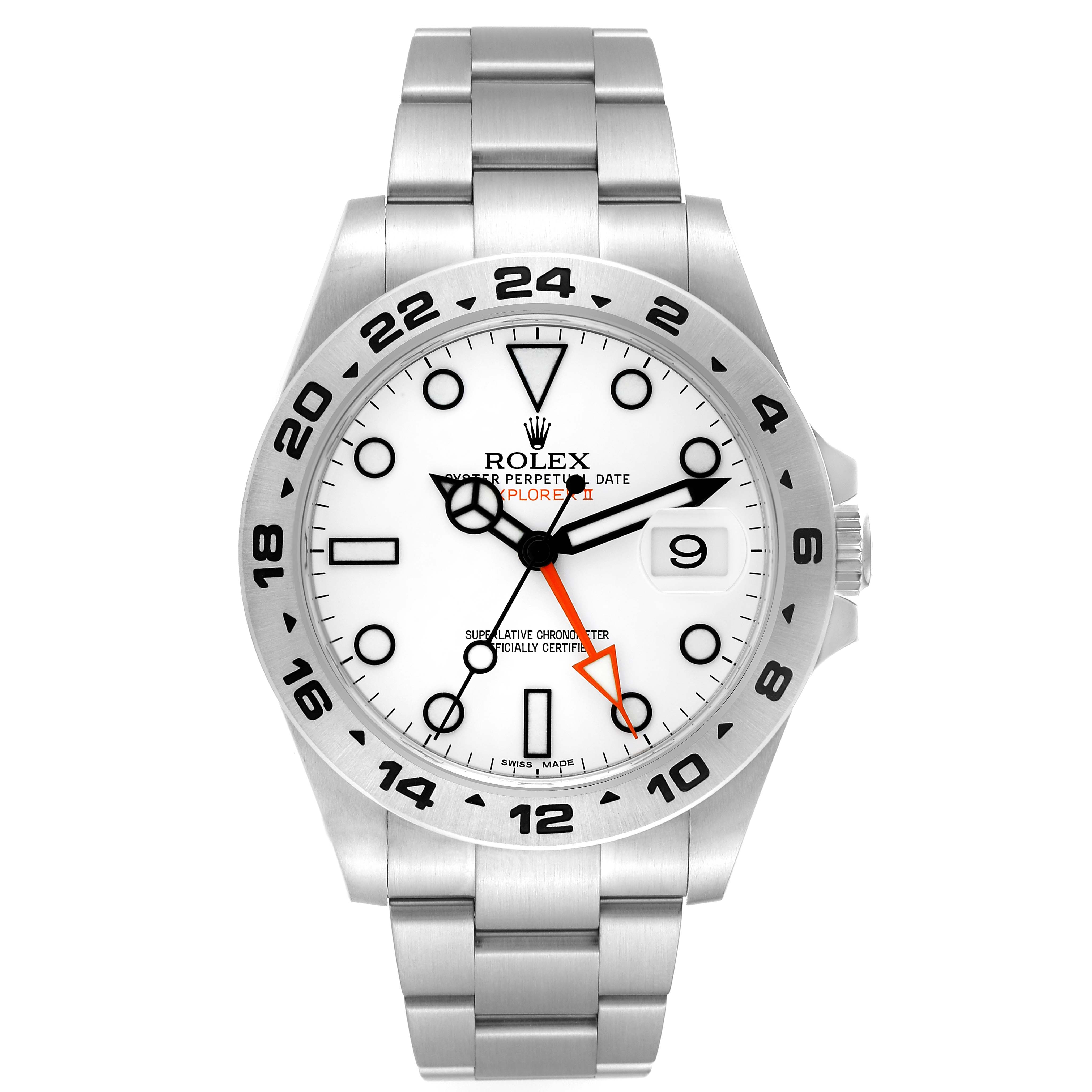 The image shows a front view of a Rolex Explorer 216570 Men's Stainless Steel White Dial 216570 Men's Stainless Steel White Dial watch with a white dial and stainless steel bracelet.